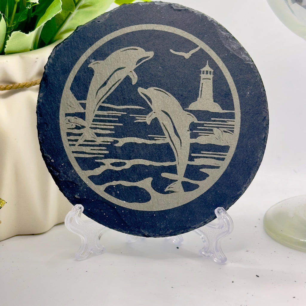 Dolphin Slate Coaster | Handmade Engraved Dolphin Coaster | Marine Wildlife Gift | Ocean Home Decor