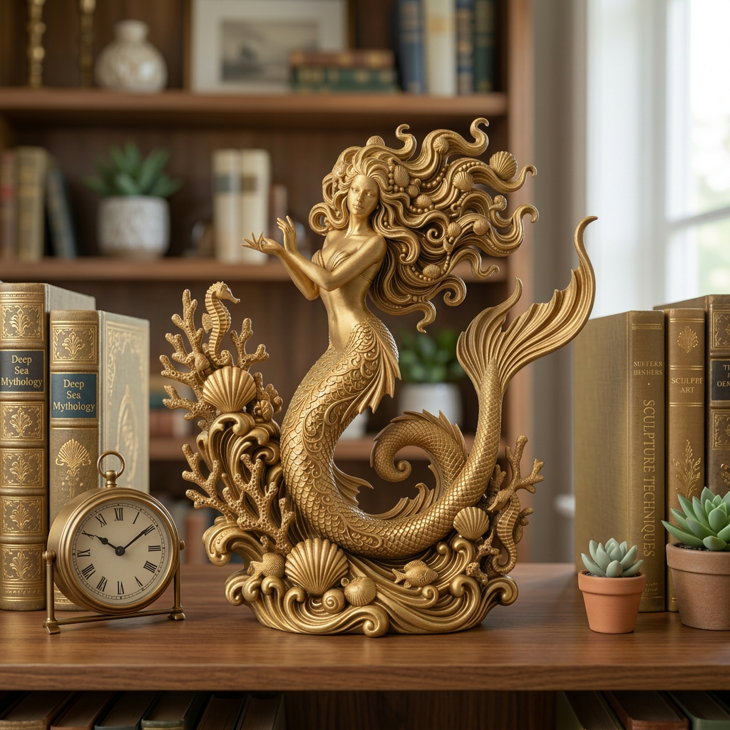 The Golden Mermaid Statue in gold finish by MokshaGoldSculptures, fantasy mermaid sculpture, 250mm.