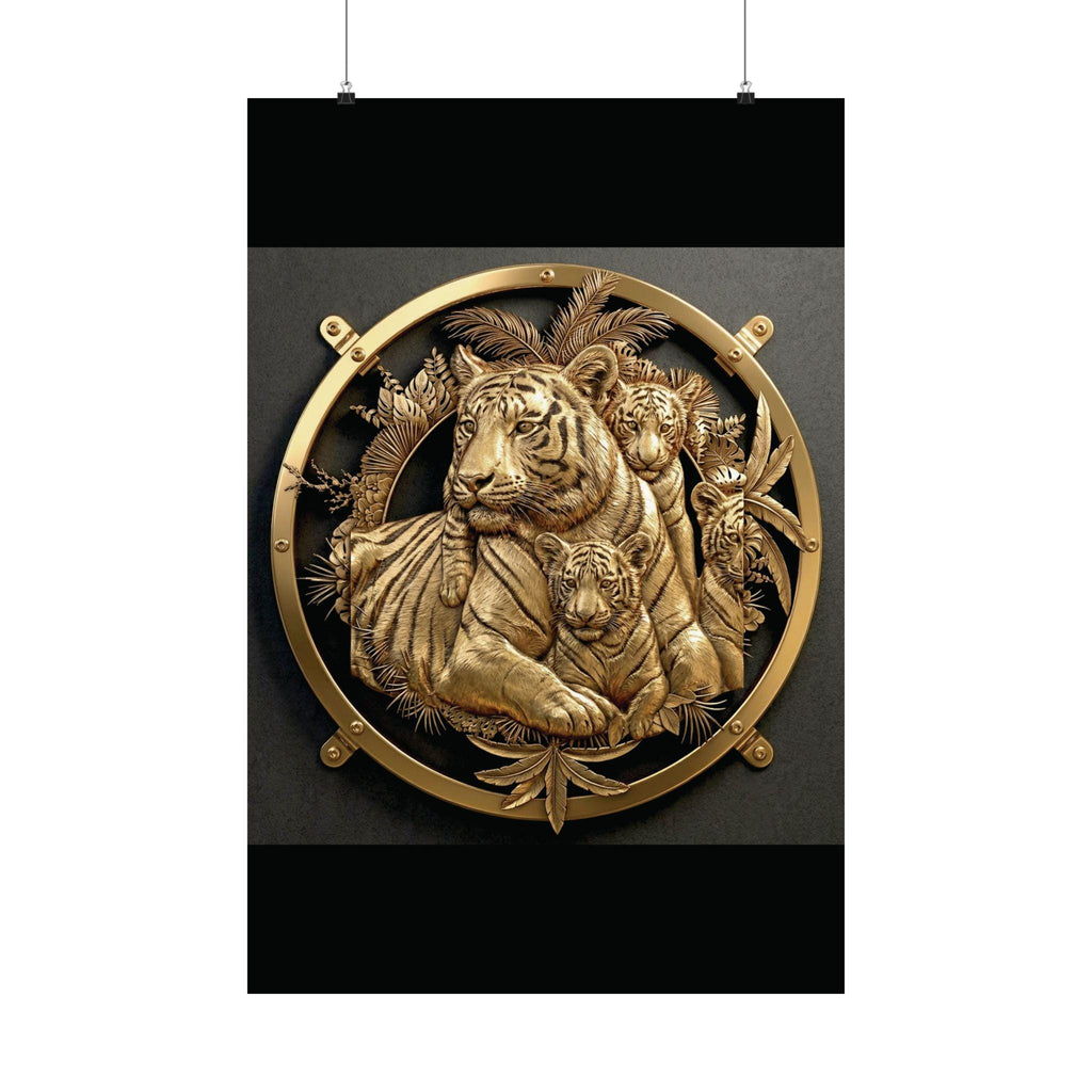Gold Tiger Family Wall Art, Jungle Circle Framed Poster