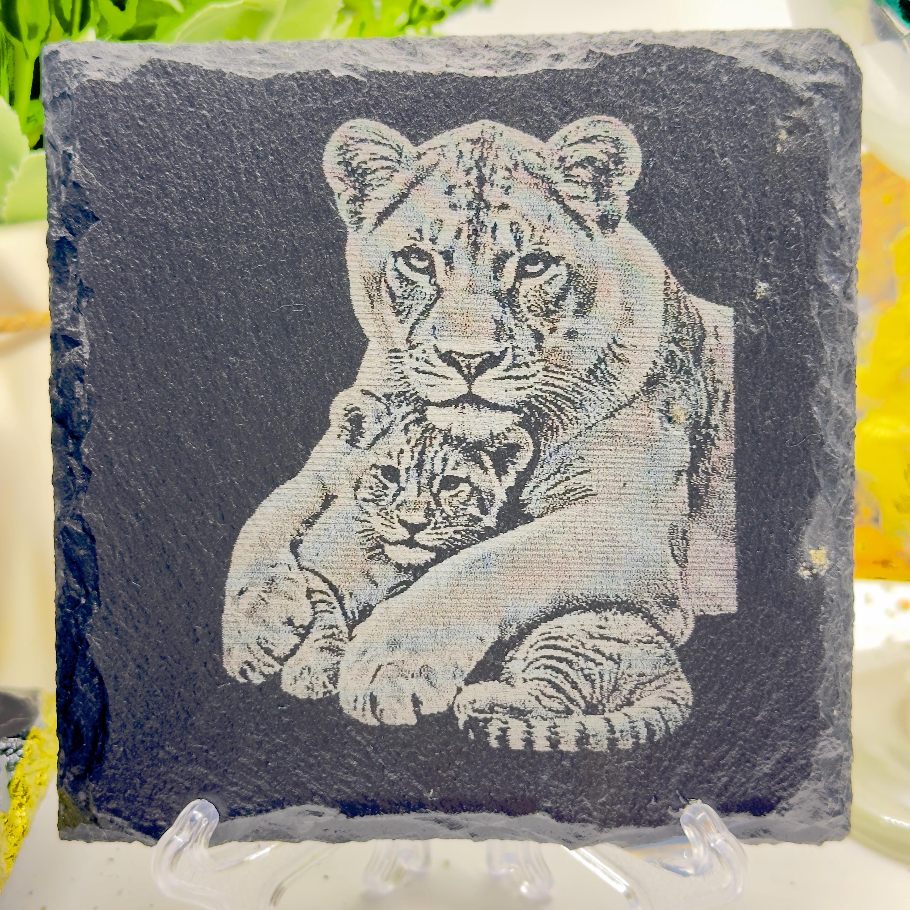 Lioness Hugging Cub Slate Coaster | Mother & Baby Lion Wildlife Art | Laser Engraved Natural Slate | Animal Lover Gift
