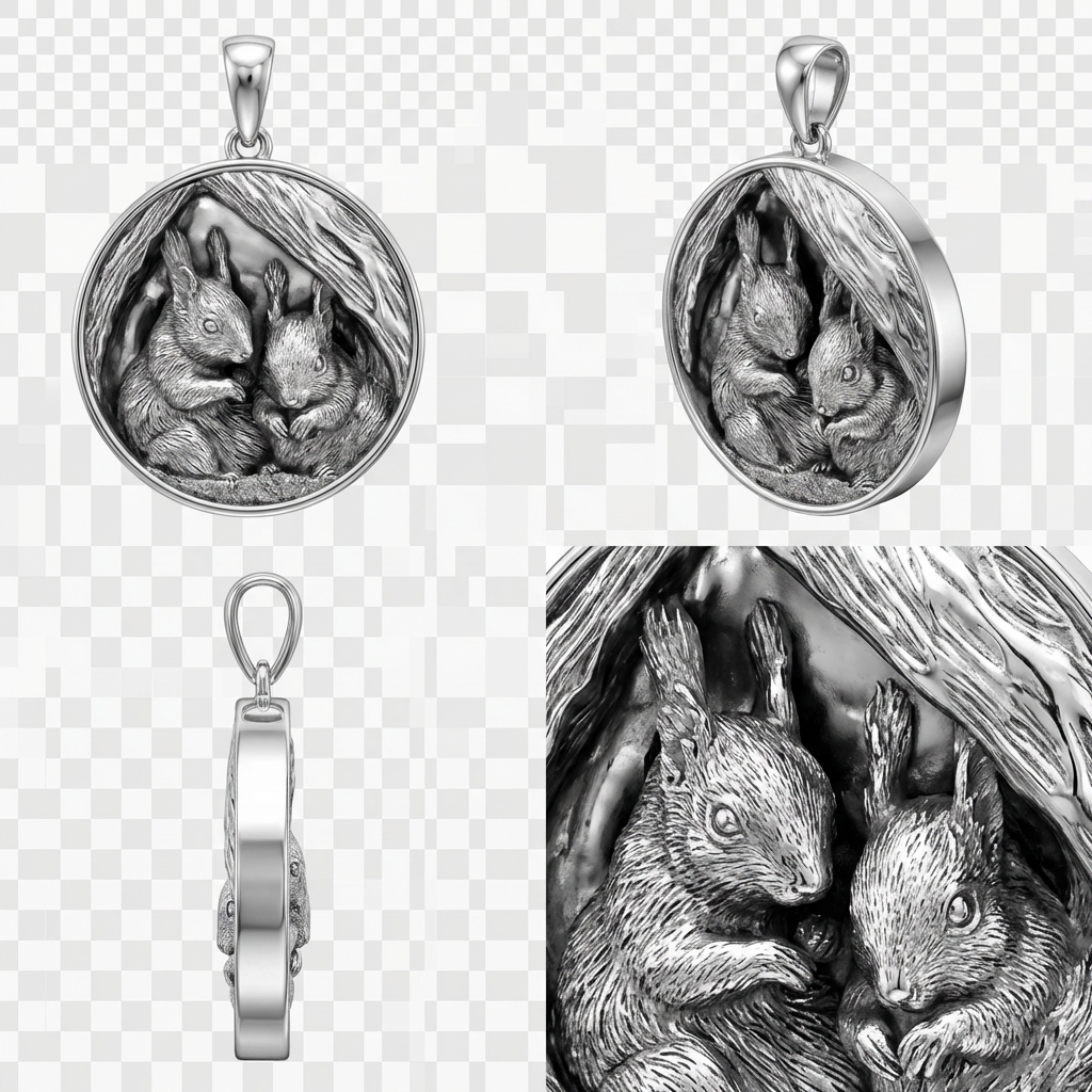 Squirrel Pair Tree Nest Pendant – Gold, Silver & Brass Jewelry, Wildlife Animal Charm, Nature Inspired Collectible