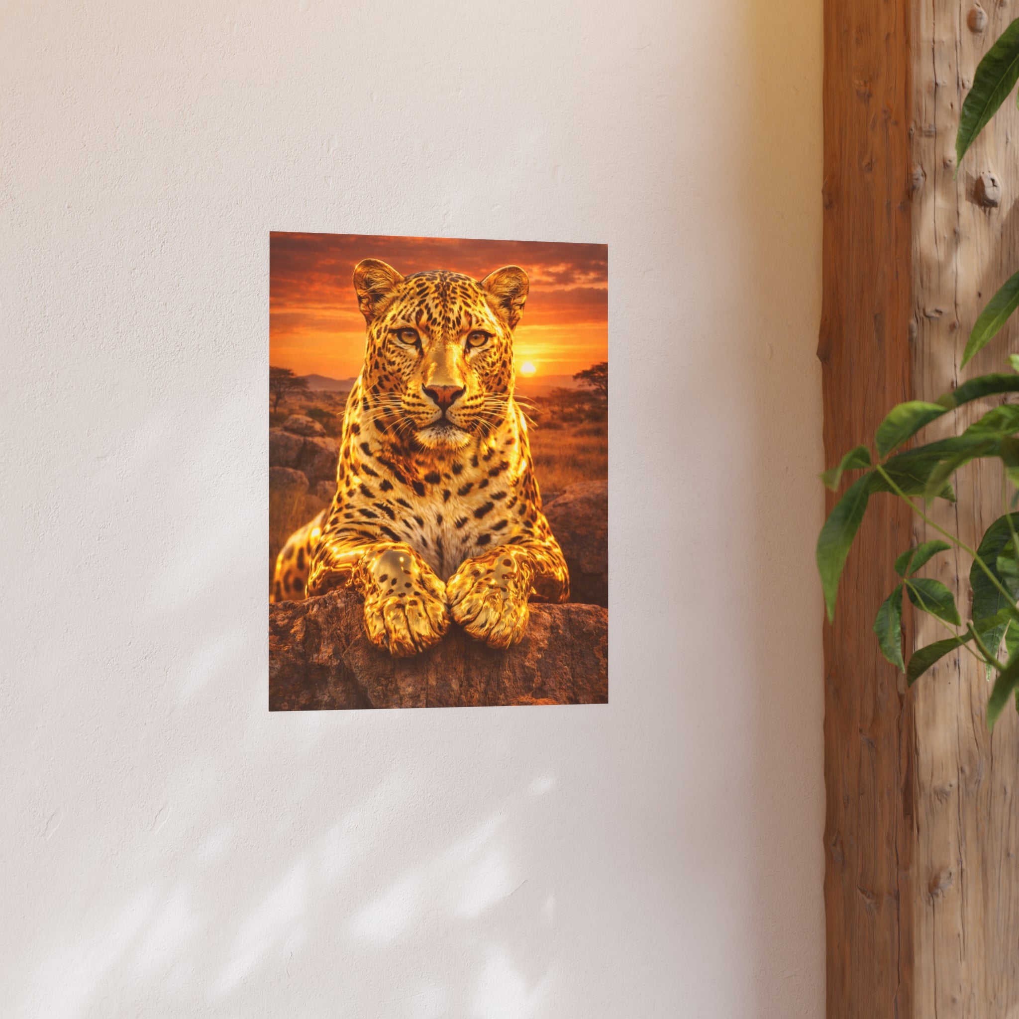 Gold Leopard Statue Wall Art Poster Luxury Safari Animal Decor Realistic Metallic Wildlife Artwork Modern Home Living Room Interior