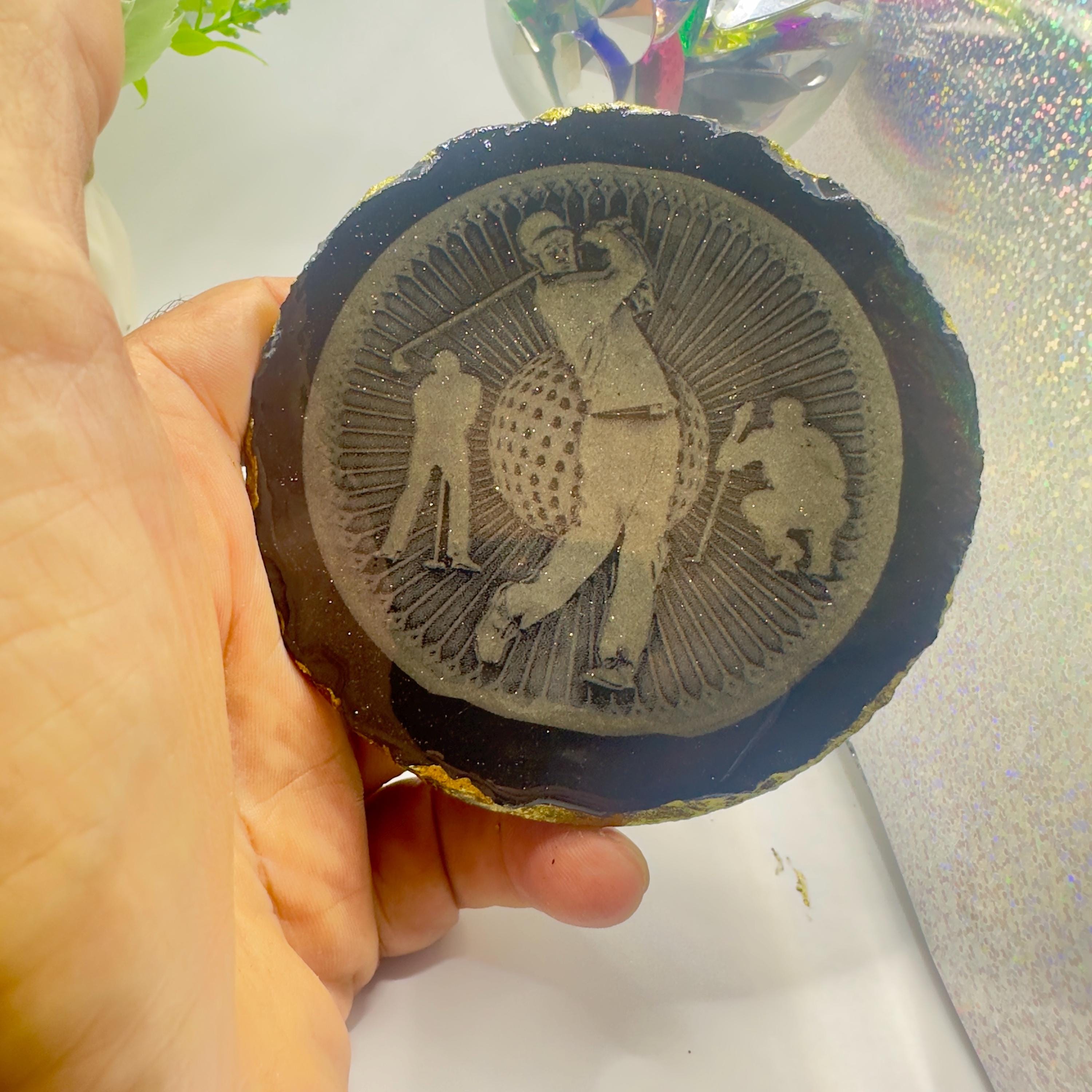 Golfer Medal Coaster – 3D Golf Themed Resin Coaster with Gold Rim – Gift for Golf Lovers