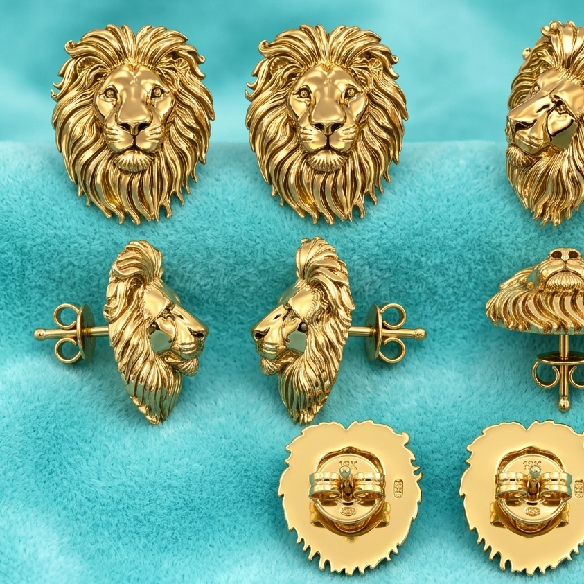 Luxury Lion Head Stud Earrings Polished Gold 15mm Yellow Gold Rose Gold White Gold Animal Statement Jewelry
