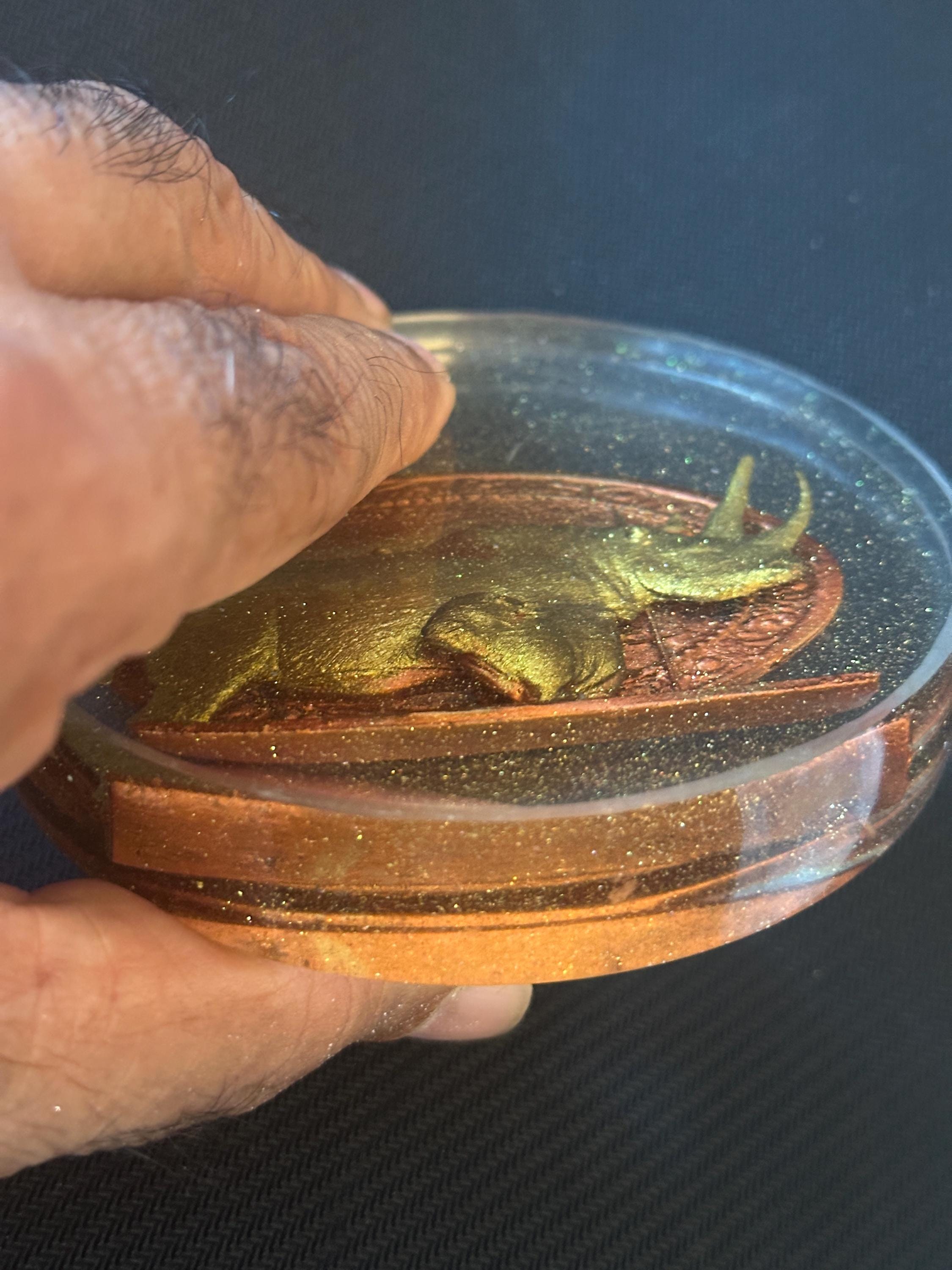 Rhinoceros with Cub – Gold Resin Coaster on Copper Background