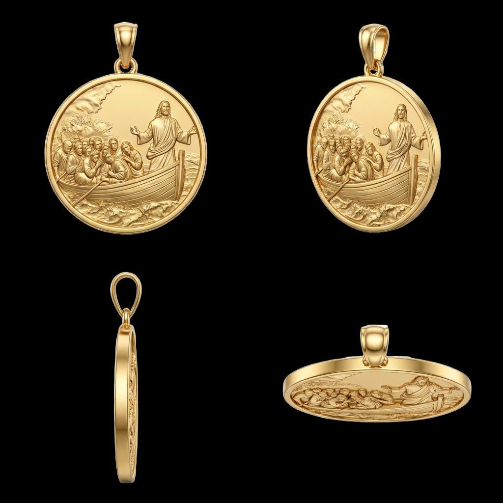 Jesus Calming the Storm Pendant – 3D Religious Necklace in Gold or Sterling Silver, Symbol of Faith and Hope
