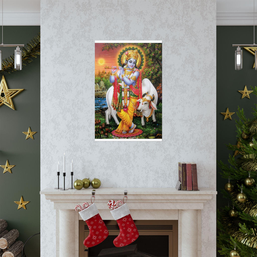 Krishna Playing Flute Matte Vertical Poster | Hindu Devotional Wall Art