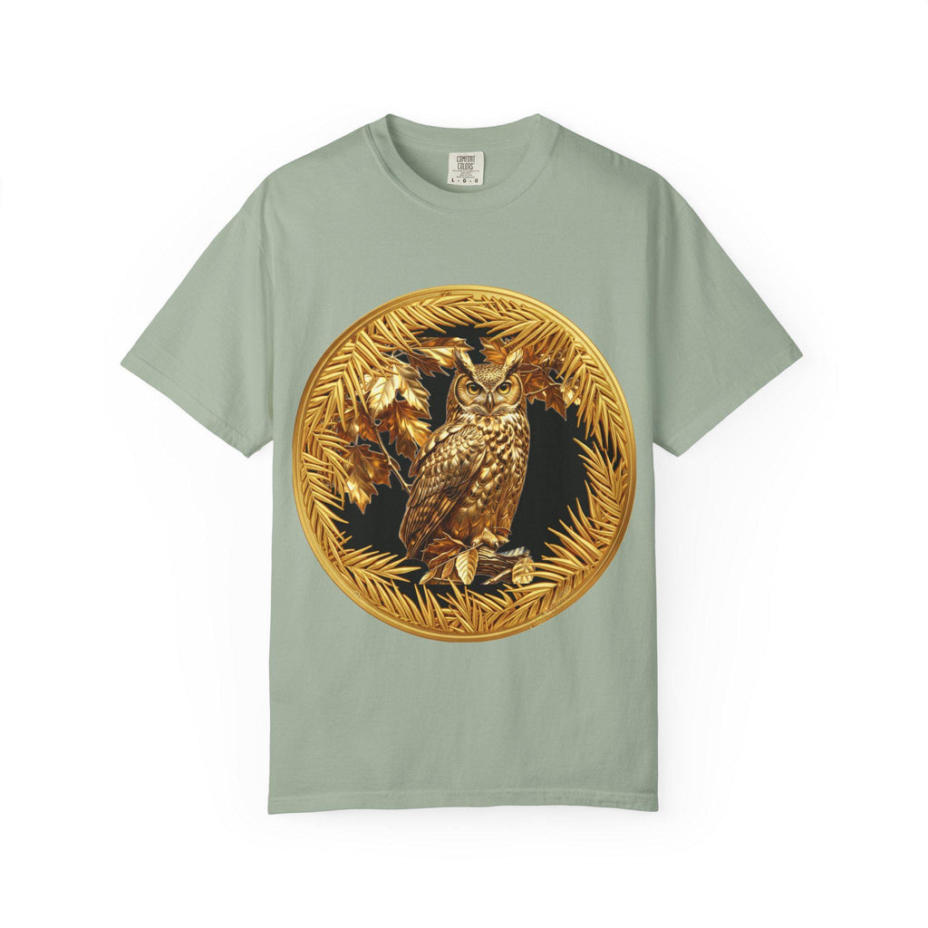 Eared Owl Gold Print T-Shirt Exotic Wildlife Night Scene with Majestic Owl Design