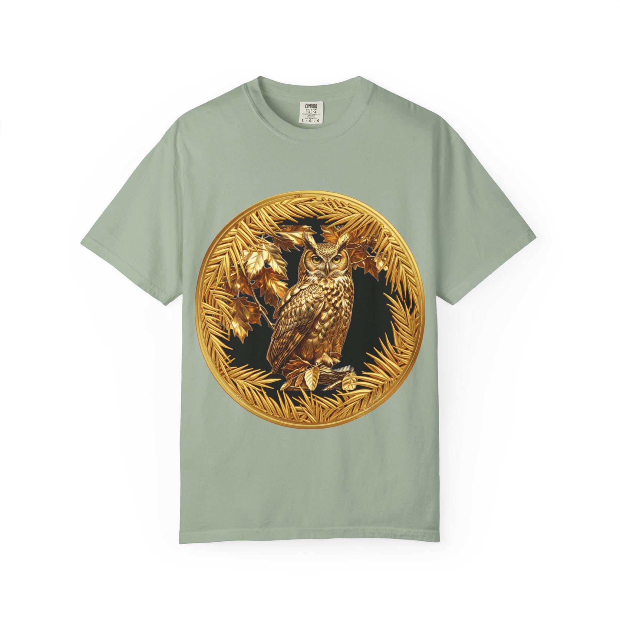 Eared Owl Gold Print T-Shirt Exotic Wildlife Night Scene with Majestic Owl Design
