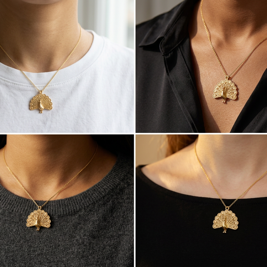 Peacock Fan Tail Pendant Necklace 25mm | 9K Gold, Sterling Silver 925 & Polished Yellow Brass | Elegant Bird Pendant | Nature Inspired Gift | Made to Order