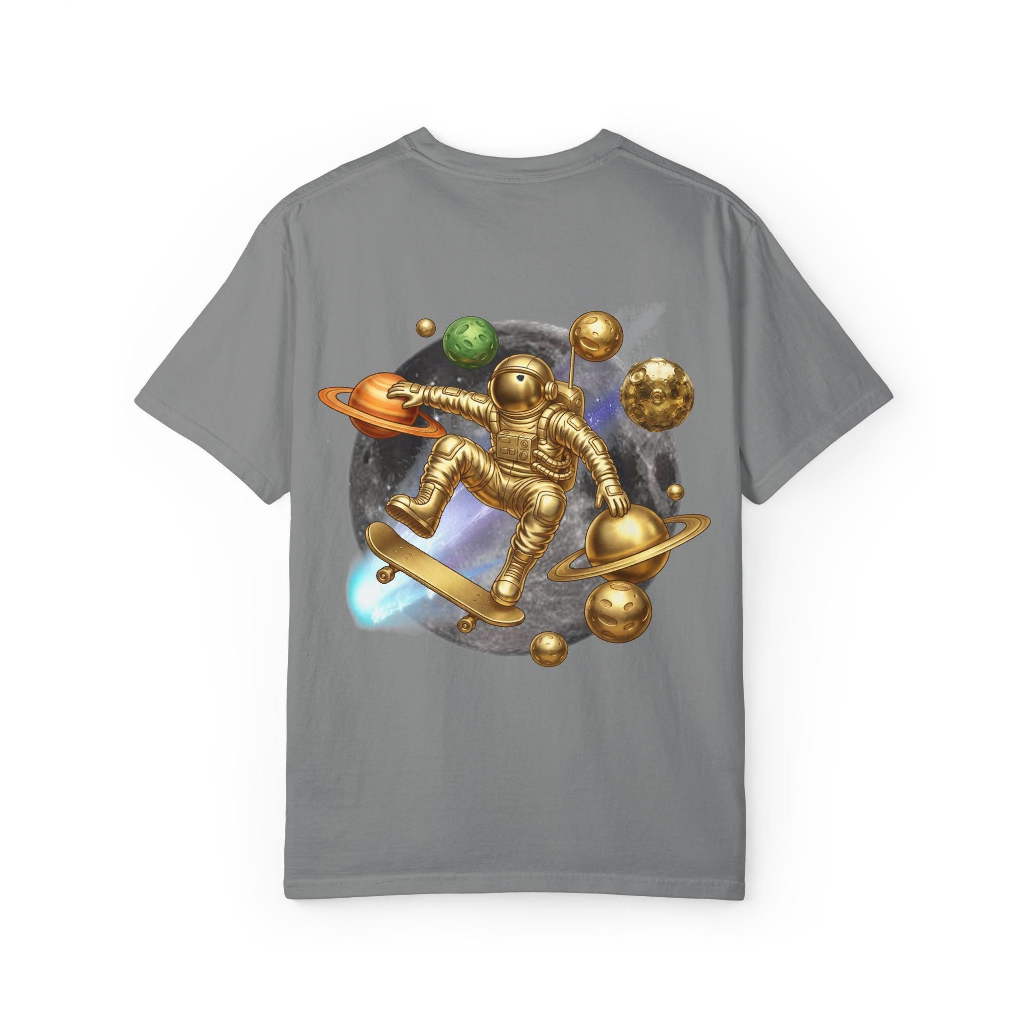 Golden Astronaut Skateboard T-Shirt | Space Planets Graphic