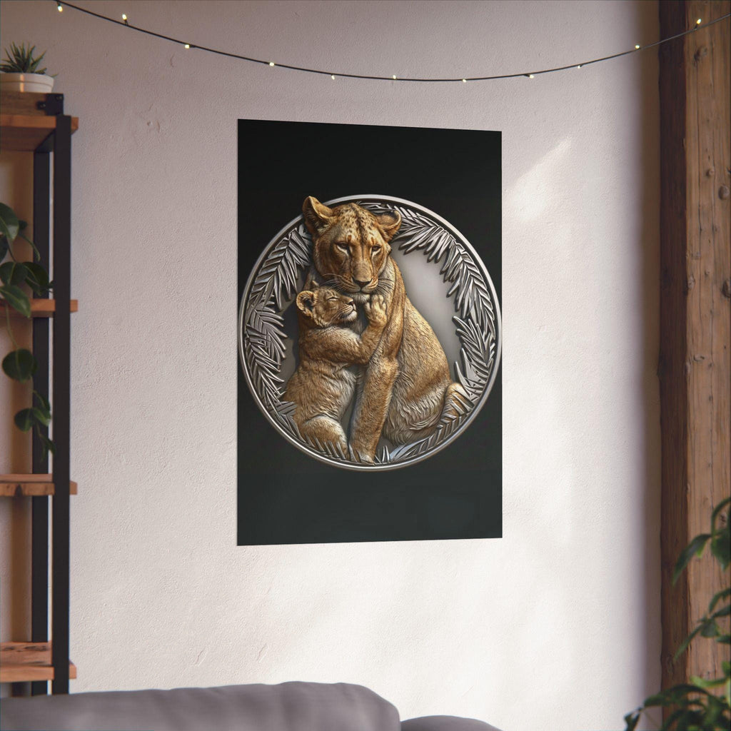 Lioness cub hug wall mount poster | natural color lion wall art | silver jungle frame