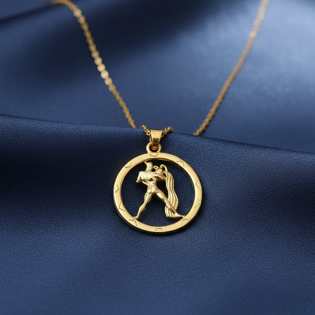 25mm Aquarius Zodiac Pendant Necklace, Men's Water Bearer Necklace, 9K Gold, Sterling Silver or Brass, Astrology Jewellery Gift