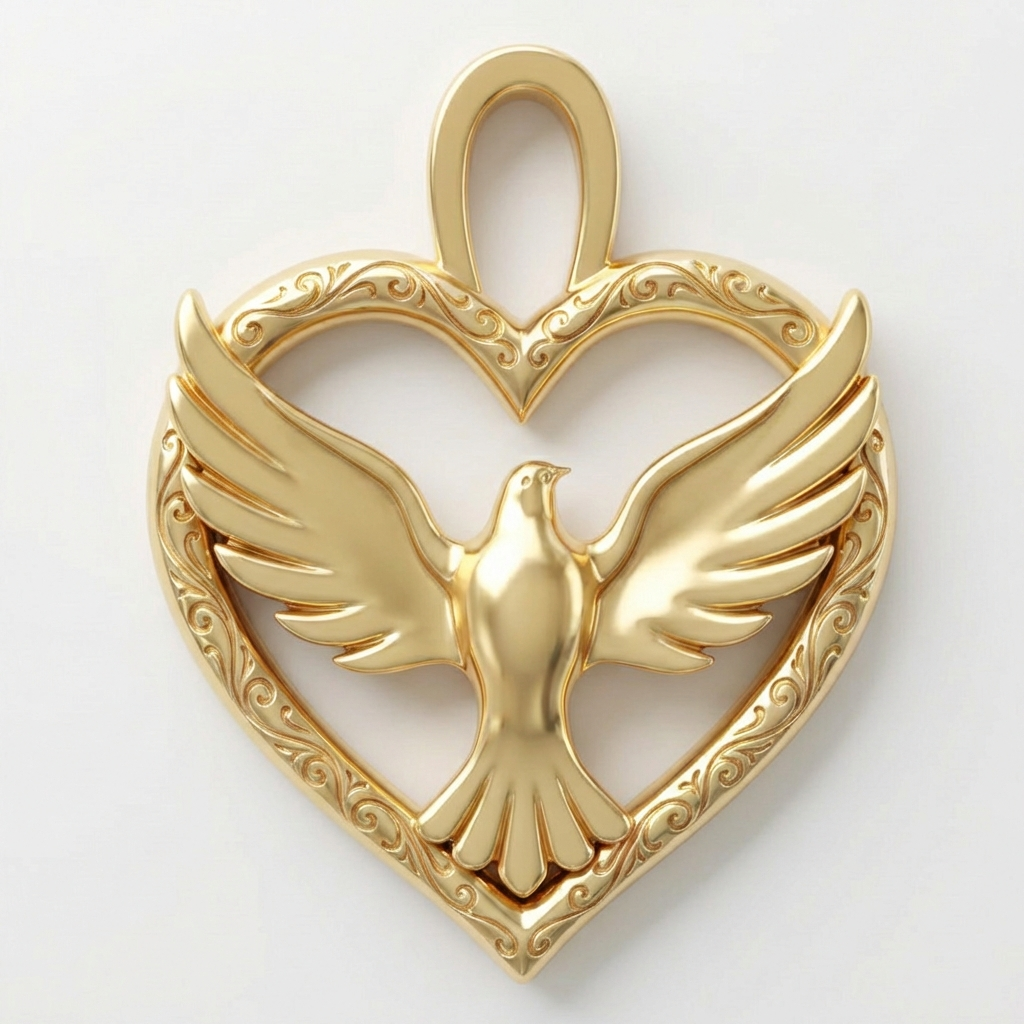Holy Spirit Dove Heart Pendant – 35mm Polished Yellow Gold – Christian Religious Charm, Faith Jewelry, 3D Relief Necklace