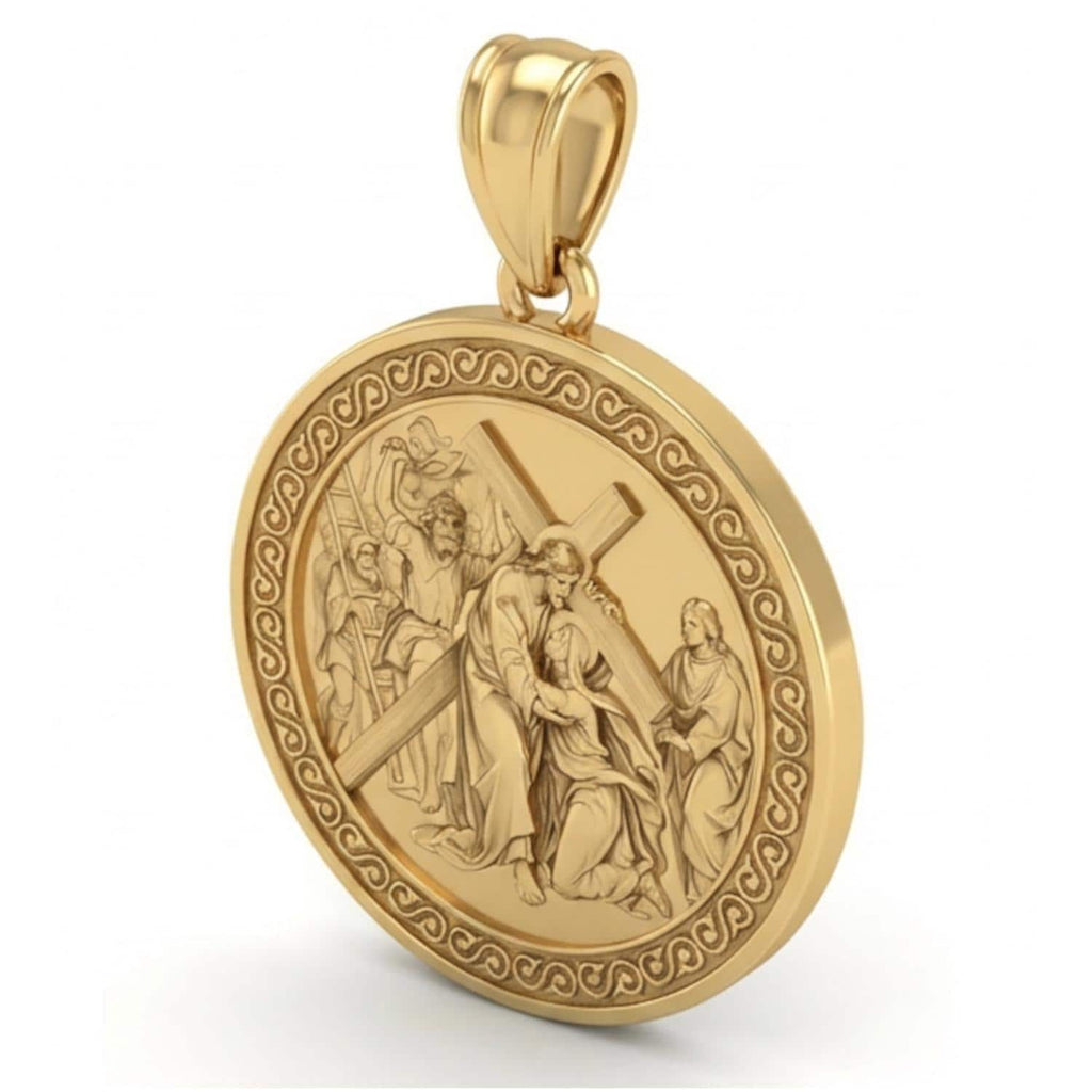 Jesus Carrying the Cross Pendant with Crowd – Christ Blessing a Kneeling Woman, Gold & Silver Religious Jewelry