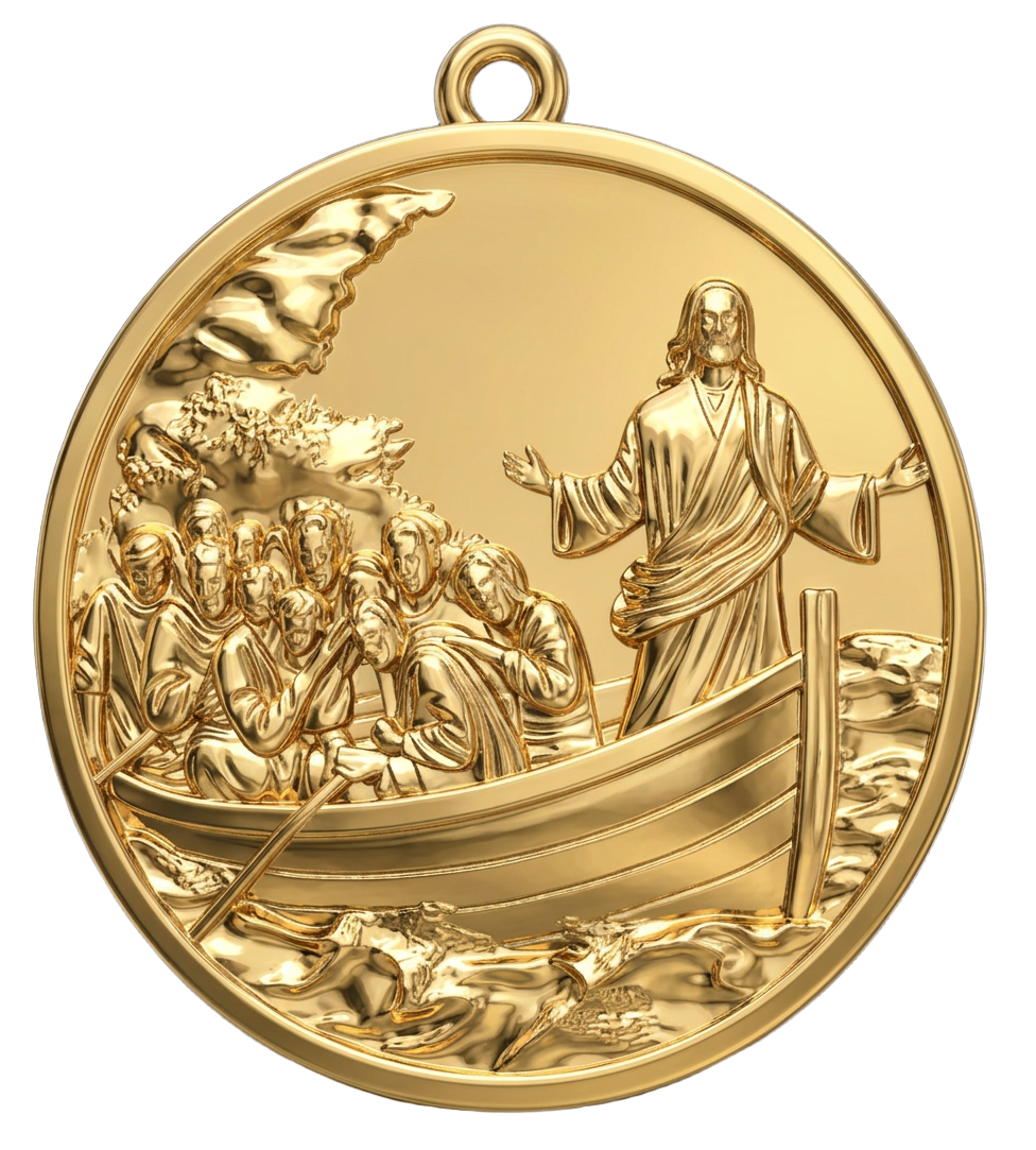 Jesus Calms the Storm Coin Pendant Necklace | 30mm Christian Medallion | 18K Gold, Sterling Silver or Yellow Brass | Religious Gift