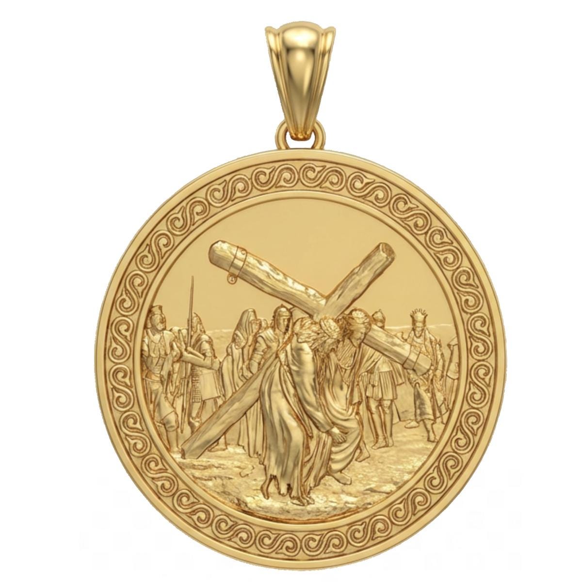 Jesus Carrying the Cross Pendant – Christian Faith Necklace in Gold or Silver