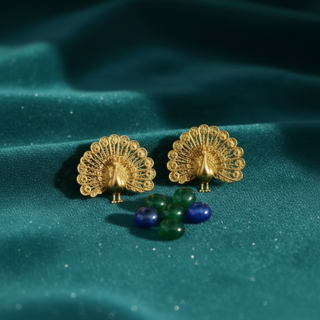 Two Peacock Stud Earrings by MokshaGoldSculptures in 9K gold, silver, or polished brass on green fabric with stones.