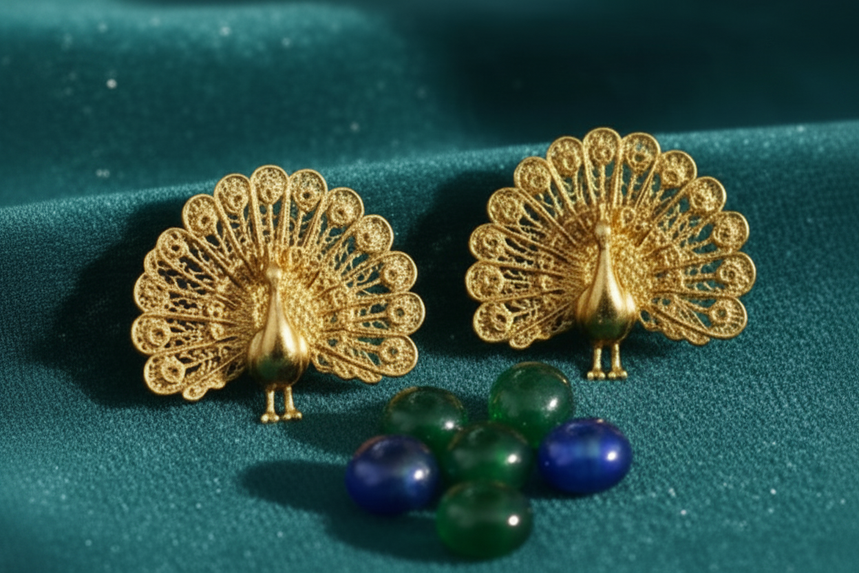 Peacock Stud Earrings in 9K Gold, Sterling Silver, or Polished Brass by MokshaGoldSculptures on teal fabric with glass beads.