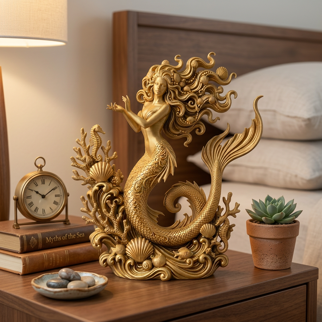 The Golden Mermaid Statue in gold finish by MokshaGoldSculptures displayed on a bedside table with coastal decor.