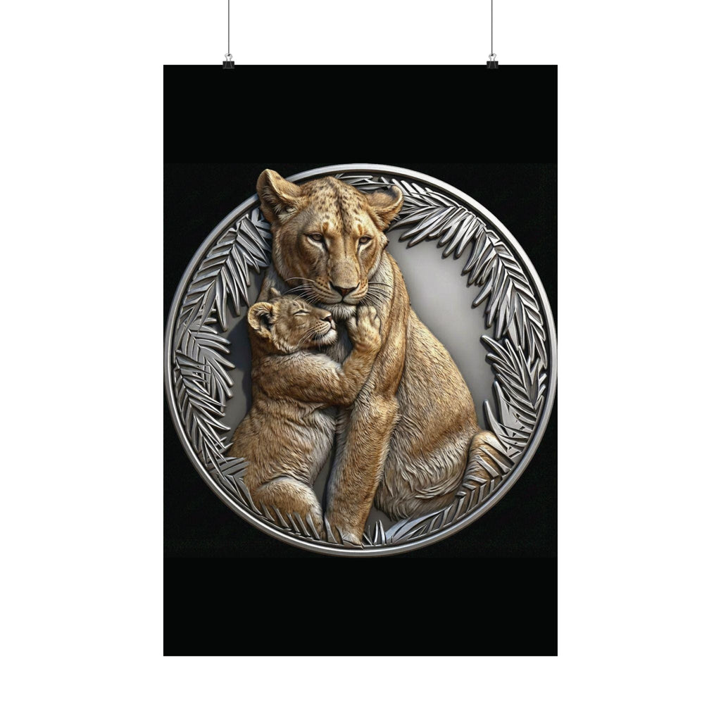 Lioness cub hug wall mount poster | natural color lion wall art | silver jungle frame