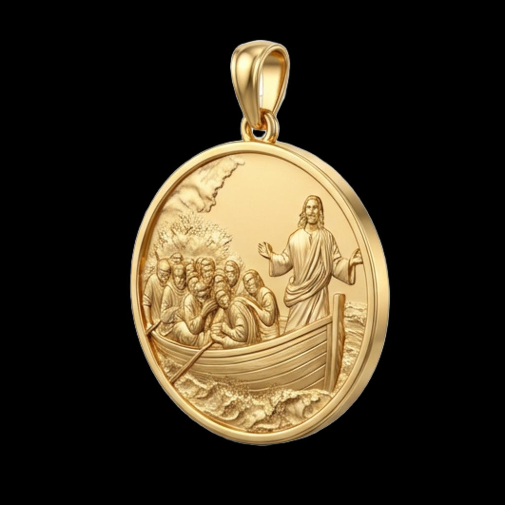 Jesus Calming the Storm Pendant – 3D Religious Necklace in Gold or Sterling Silver, Symbol of Faith and Hope