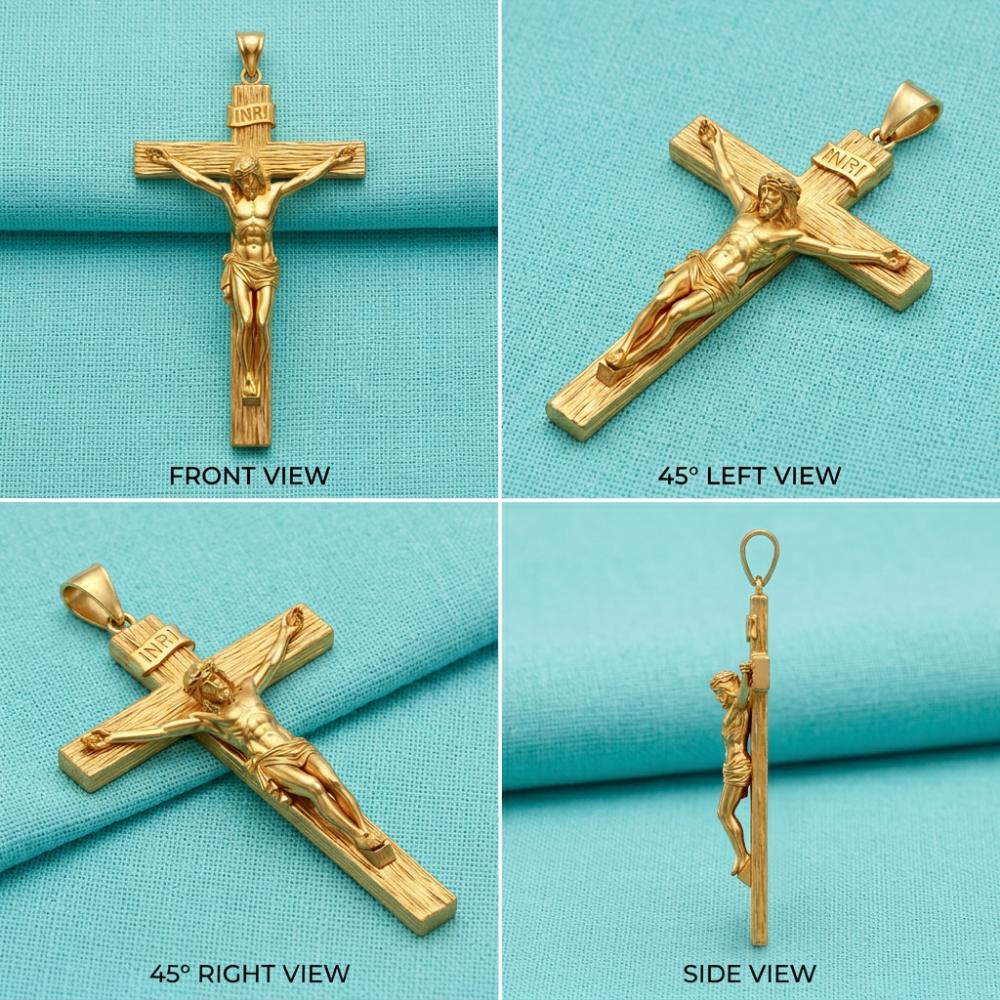 Crucifix Pendant in polished silver or brass by MokshaGoldSculptures, detailed Jesus cross shown on blue fabric.