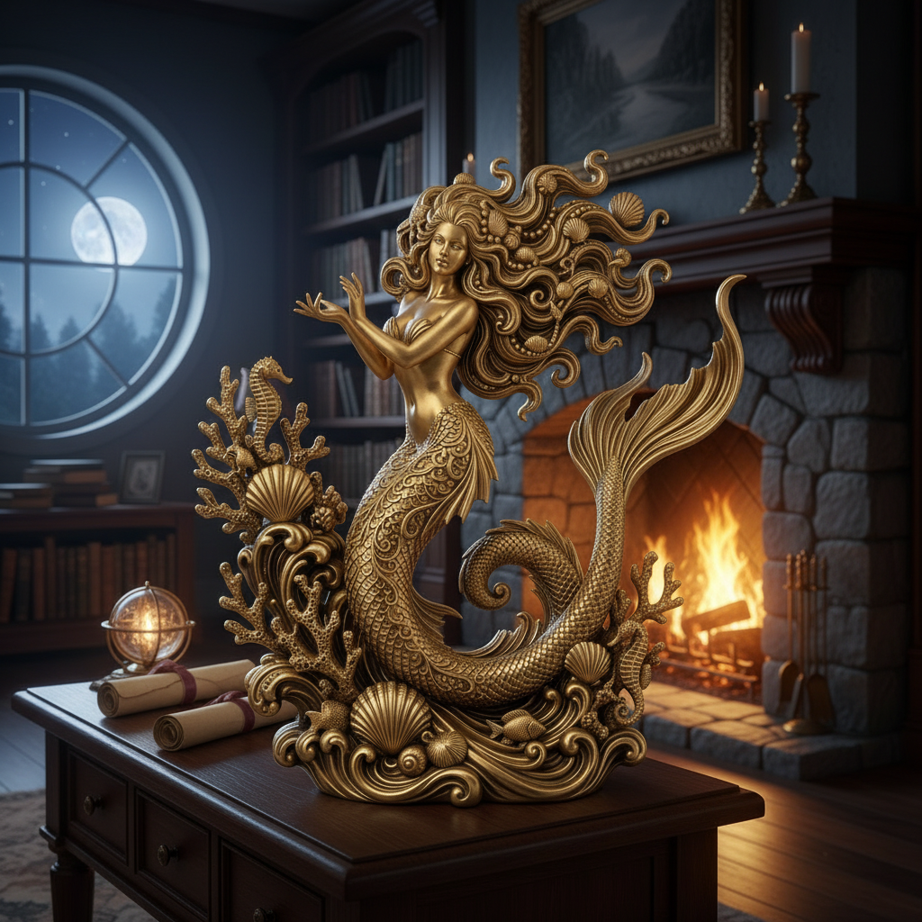 The Golden Mermaid Statue in gold finish by MokshaGoldSculptures features intricate scales and flowing hair.