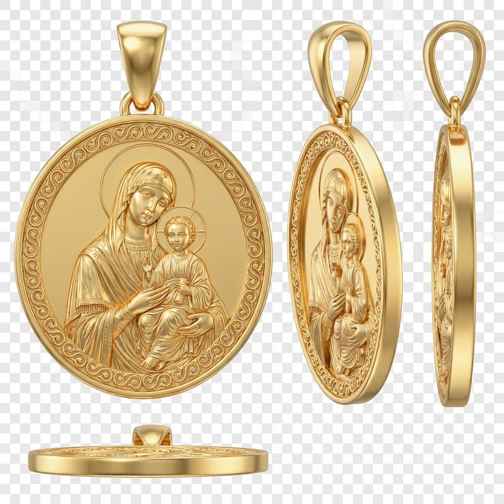 Mary with Baby Jesus Pendant Necklace – Ancient Religious Scene Jewelry – Catholic Christian Devotional Gift