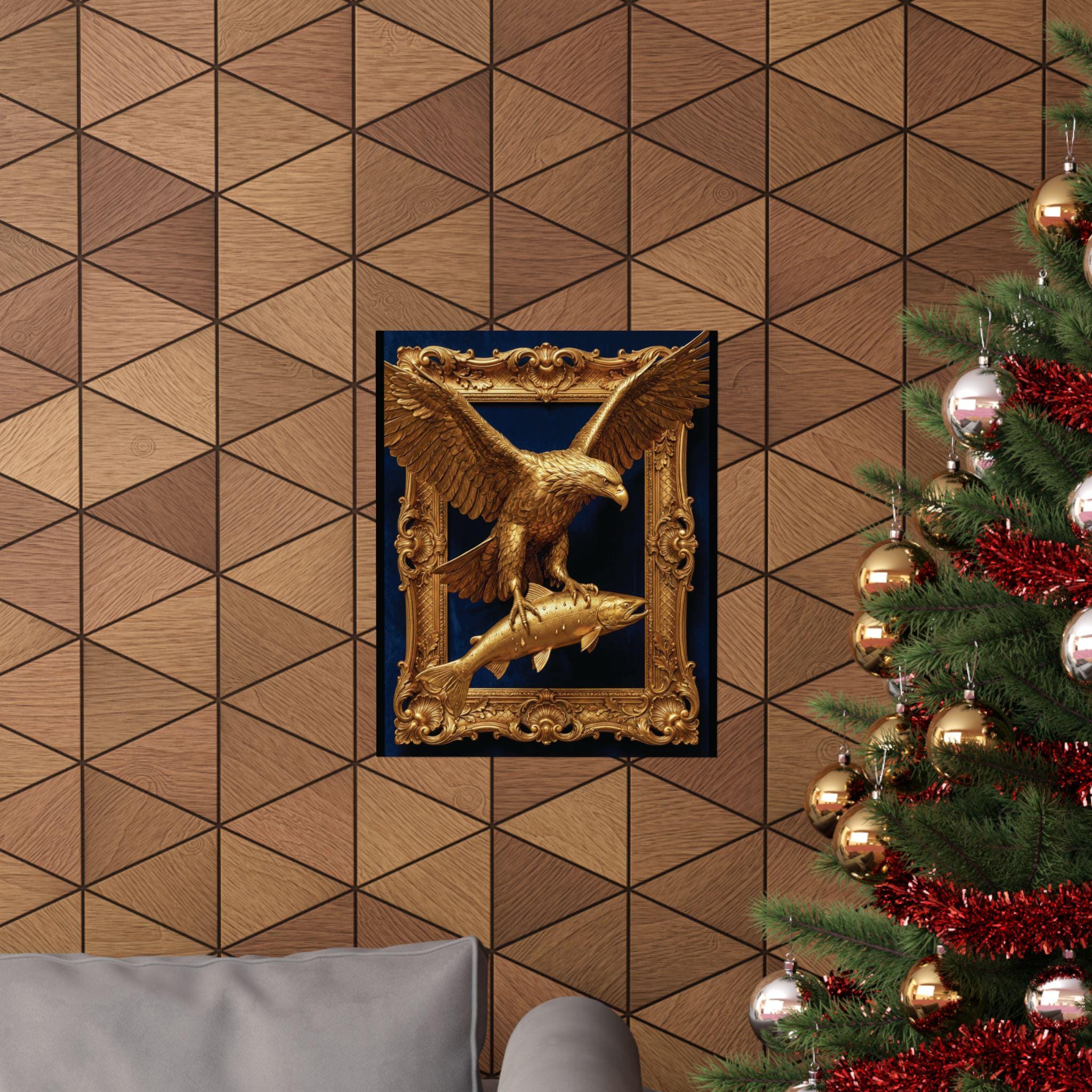 Gold Bald Eagle Salmon Wall Art, Luxury Wildlife Poster