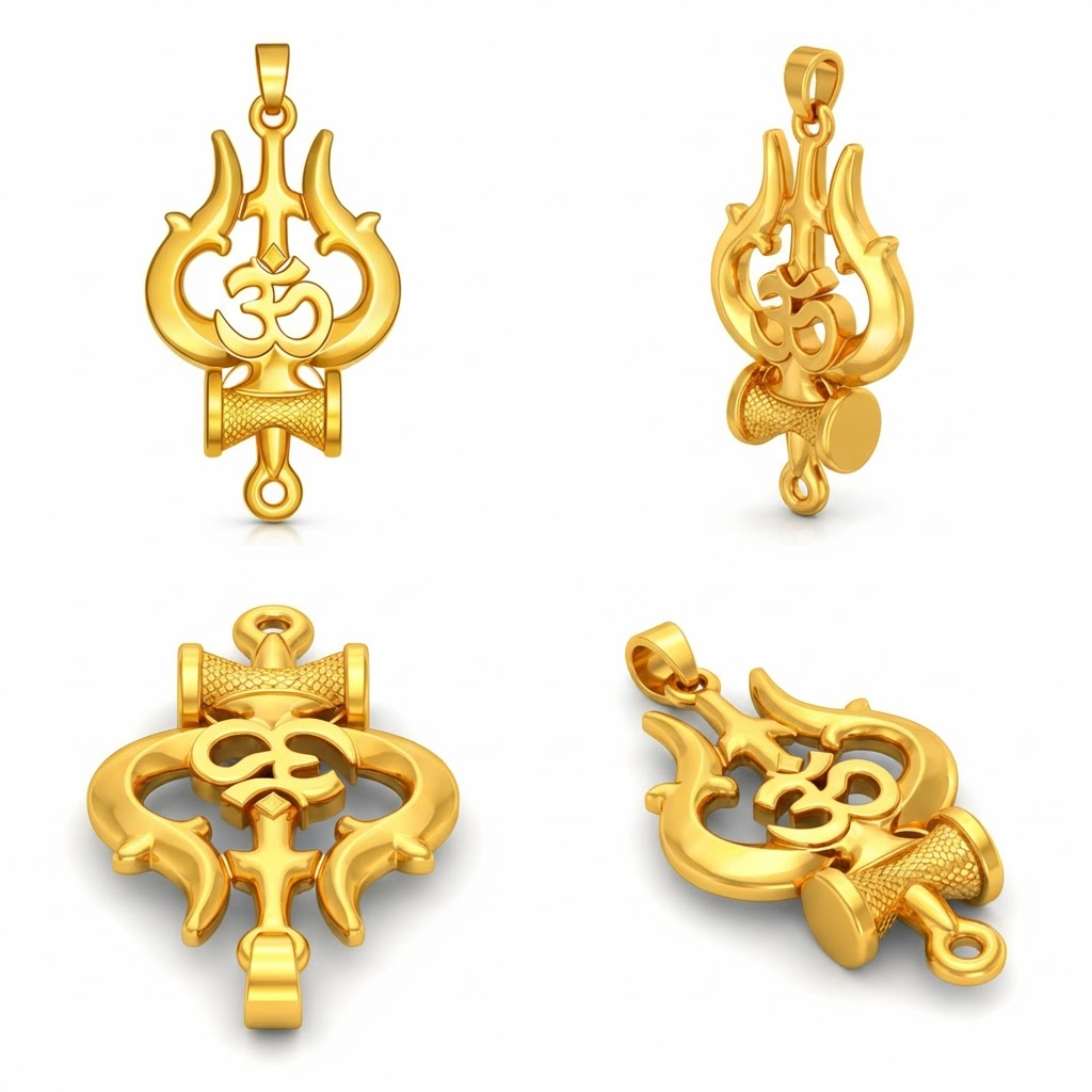 Gold Om Shiva Trishul Pendant 35x22mm – Polished Necklace Charm – Jewelry Casting Design