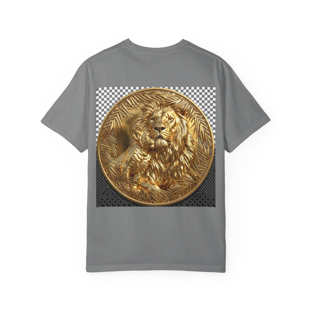 Majestic Lion with Cub Hugging Powerful Father and Cub Wildlife Gold Print T-Shirt