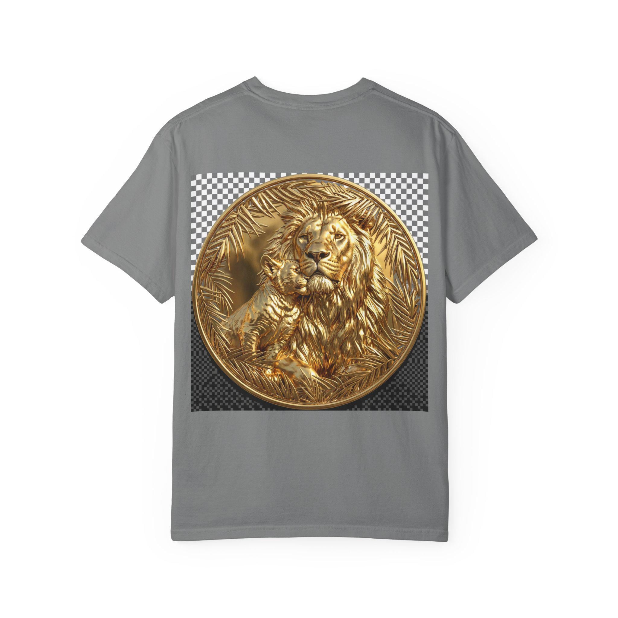 Majestic Lion with Cub Hugging Powerful Father and Cub Wildlife Gold Print T-Shirt
