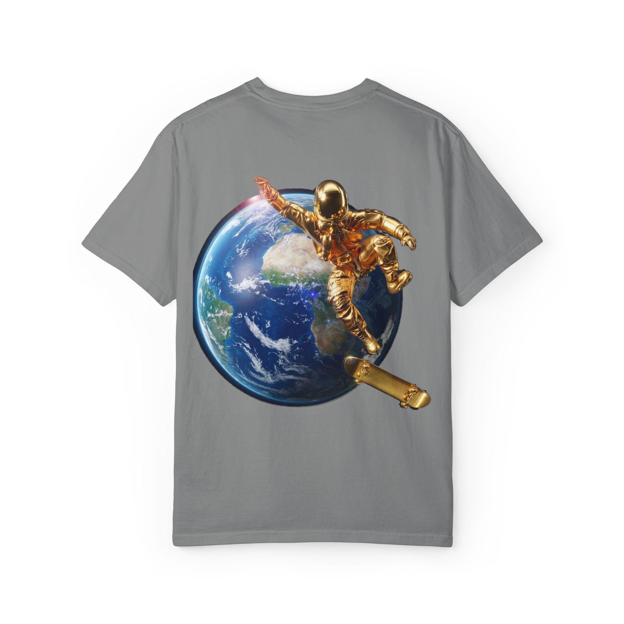 Golden Astronaut Skateboard Soaring High Futuristic Cosmic Ride in Style