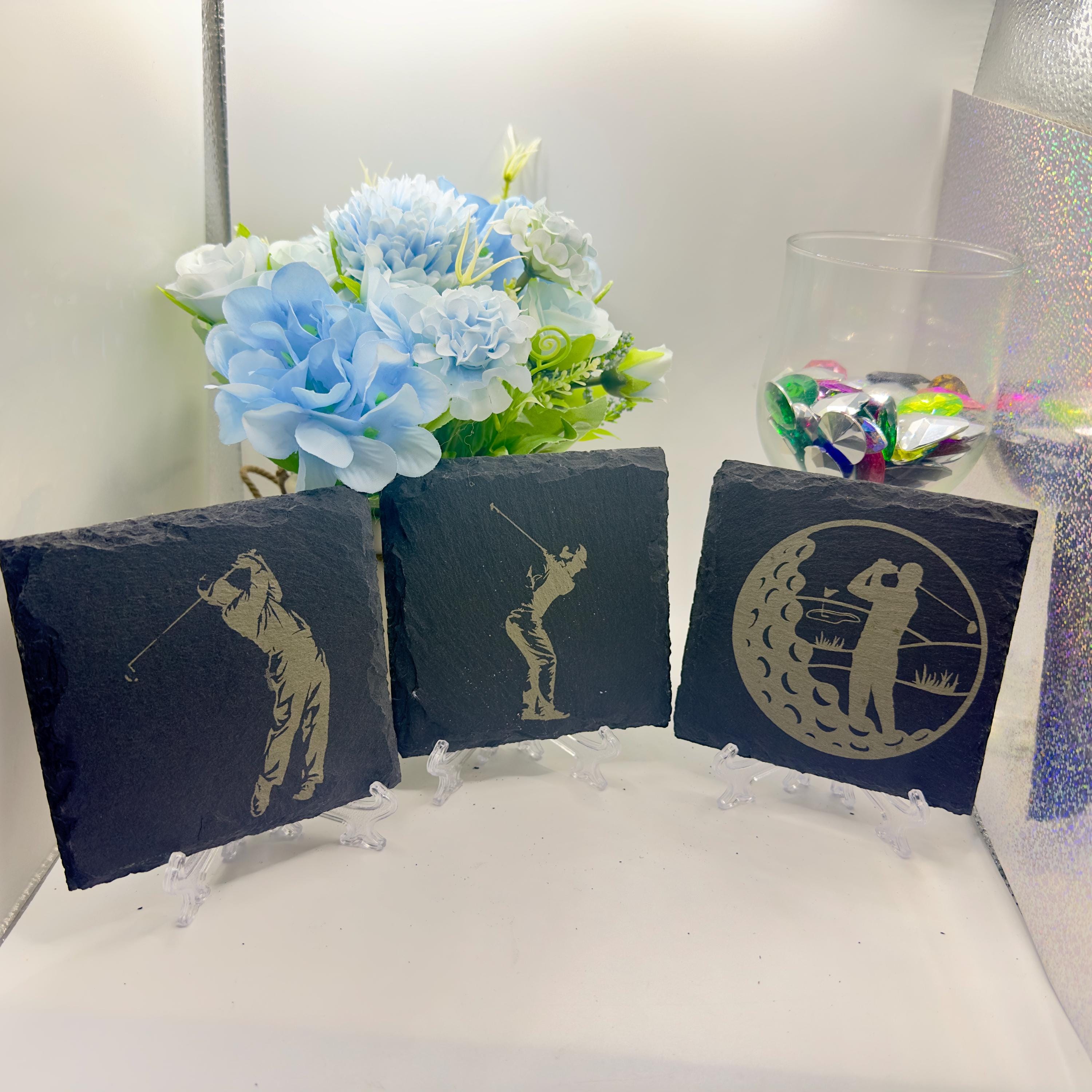 Golfer Slate Coasters Golf Lover Gift Handmade Slate Drinks Coasters Golf Decor Gift for Him Unique Golf Gift