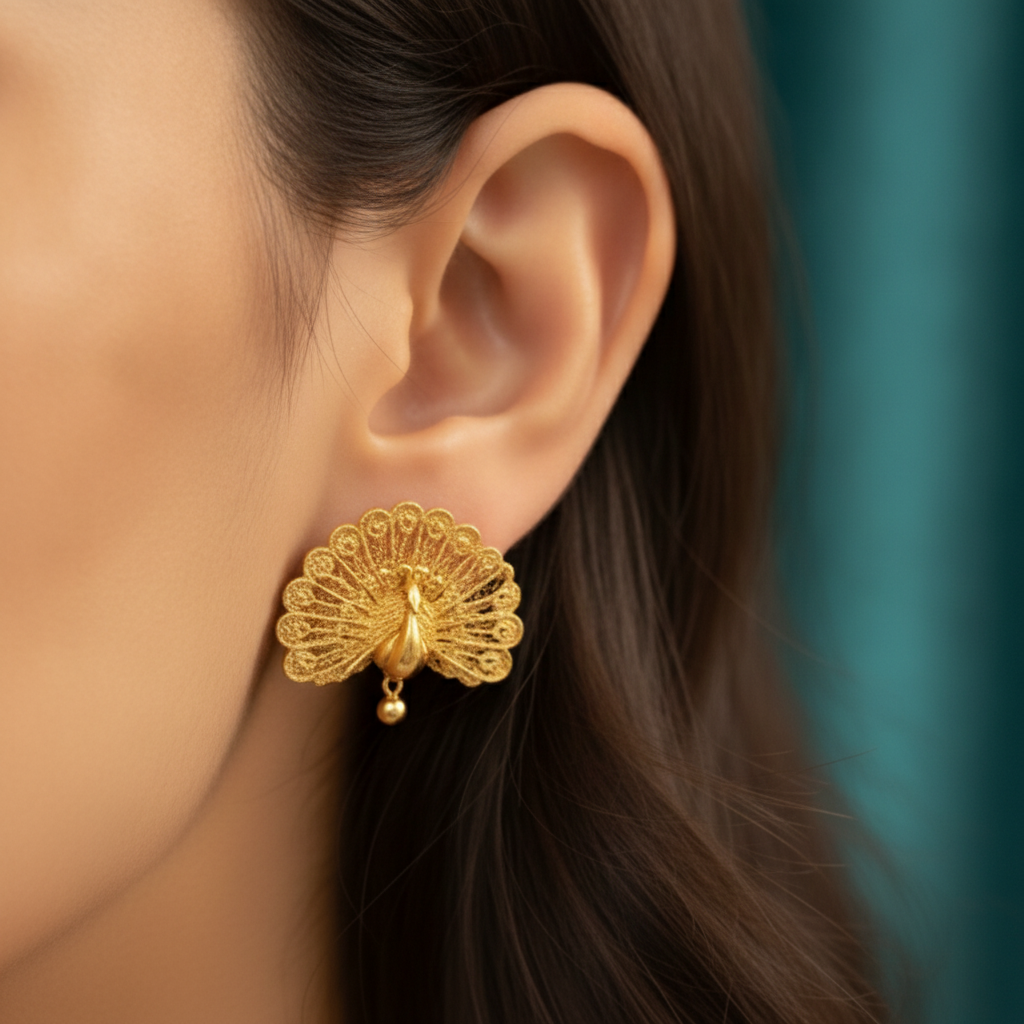 Peacock Stud Earrings in 9K Gold by MokshaGoldSculptures—Peacock Fan Tail design, worn against brown hair.