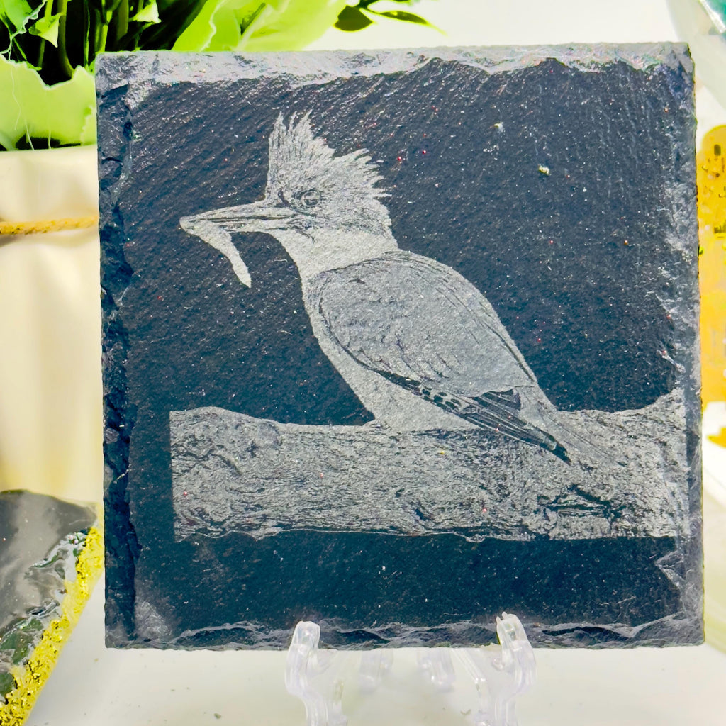 Kingfisher with Fish Slate Coaster | Wildlife Bird Art | Laser Engraved Natural Slate | Handmade Gift for Nature Lovers