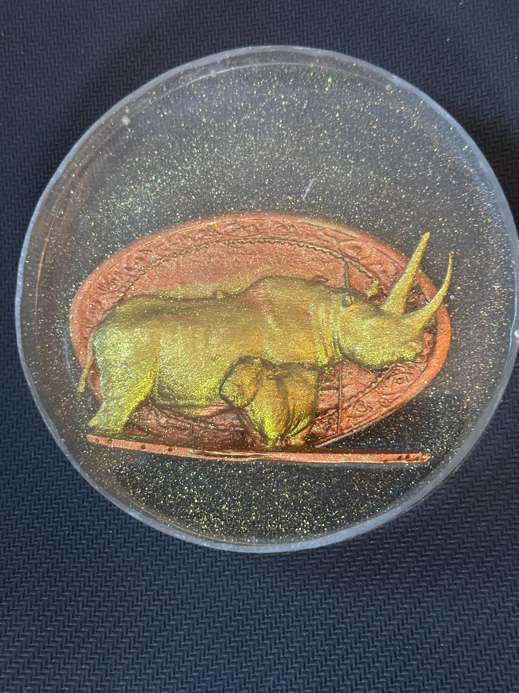 Rhinoceros with Cub – Gold Resin Coaster on Copper Background