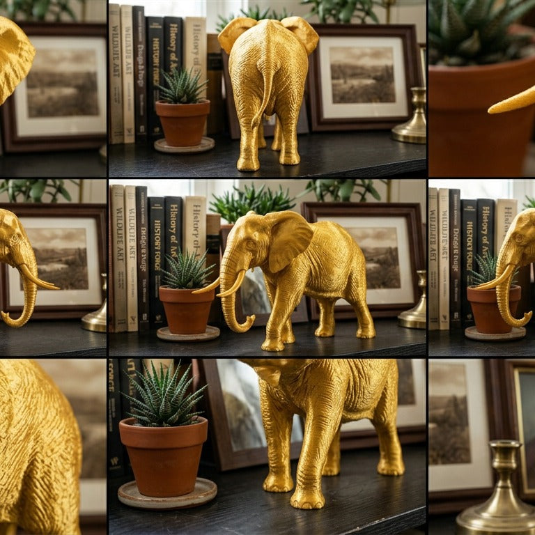 Elephant Sculpture 3D Print | Wildlife Decor Model | Large Display Animal | Gold Grey PLA | 250mm Elephant Figurine Gift