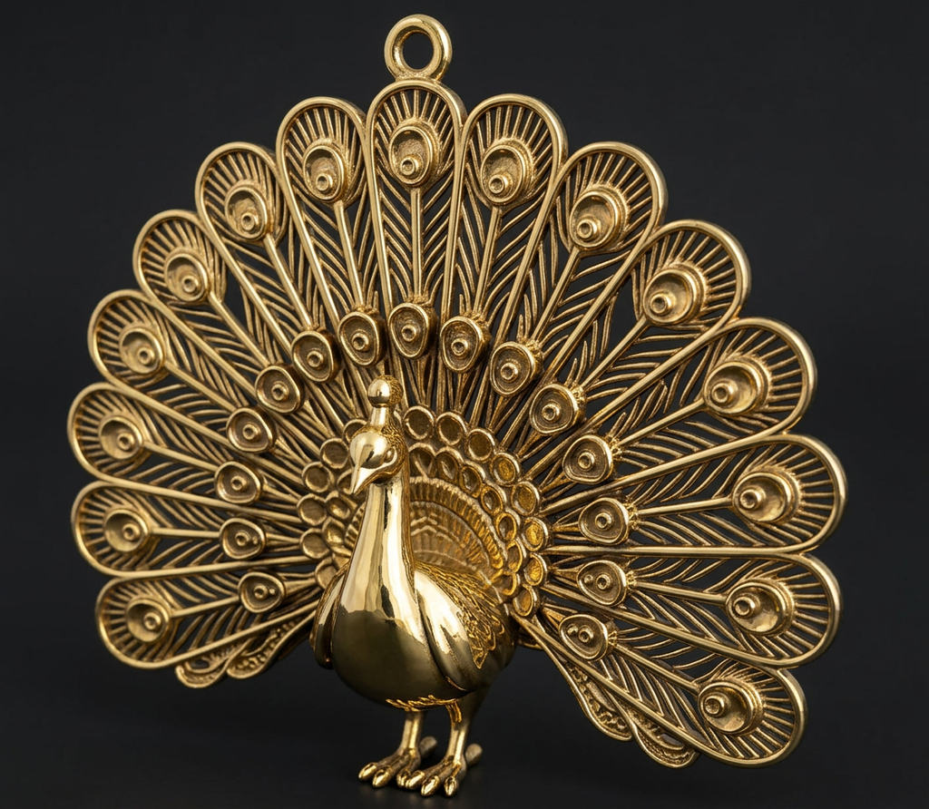 Peacock Pendant Necklace in 9K Gold, Sterling Silver, or Polished Brass by MokshaGoldSculptures.