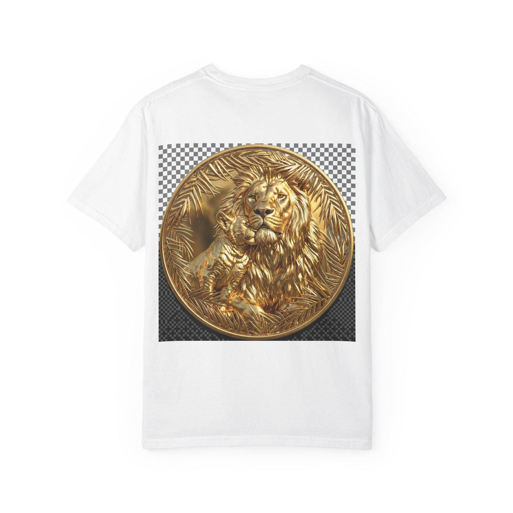 Majestic Lion with Cub Hugging Powerful Father and Cub Wildlife Gold Print T-Shirt