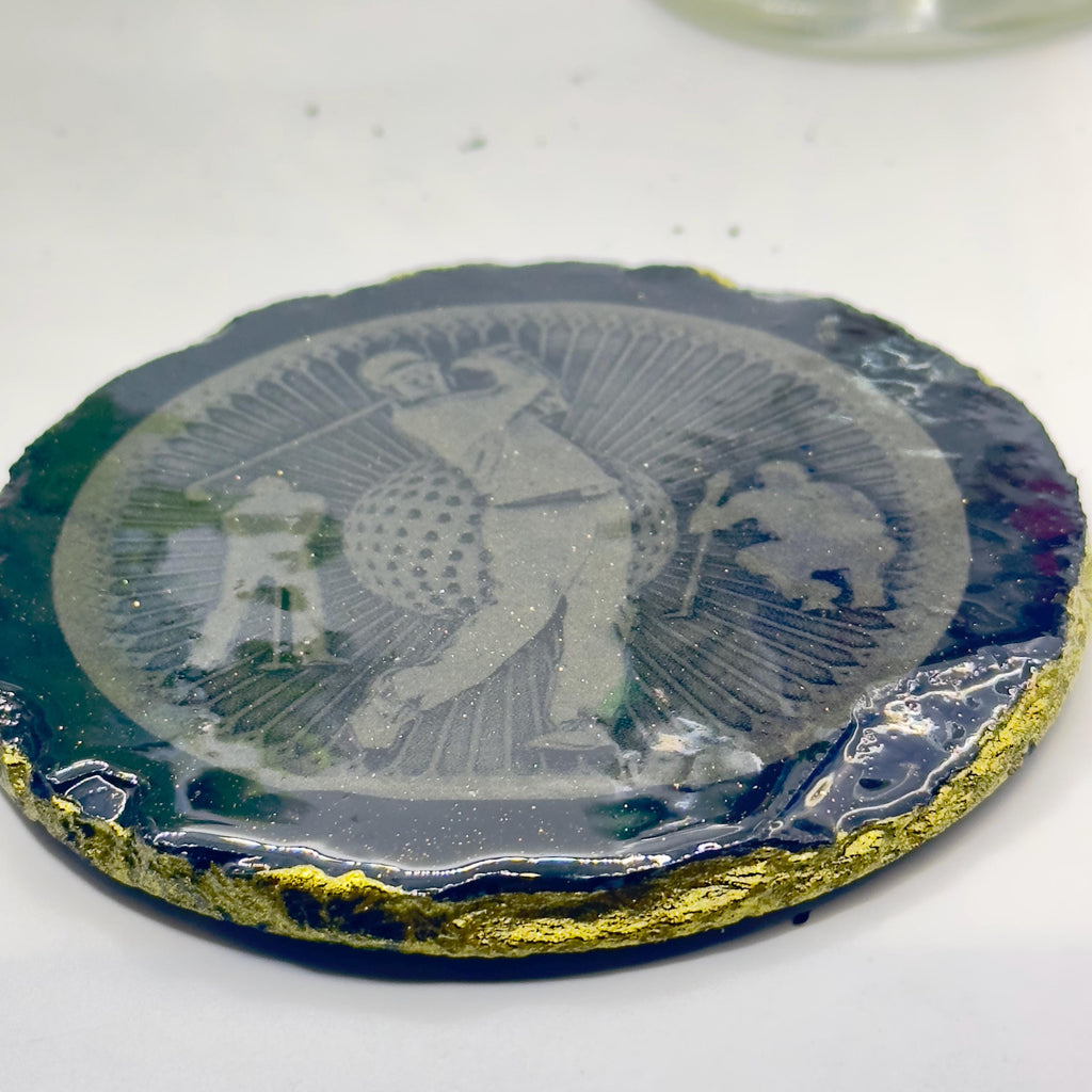 Golfer Medal Coaster – 3D Golf Themed Resin Coaster with Gold Rim – Gift for Golf Lovers