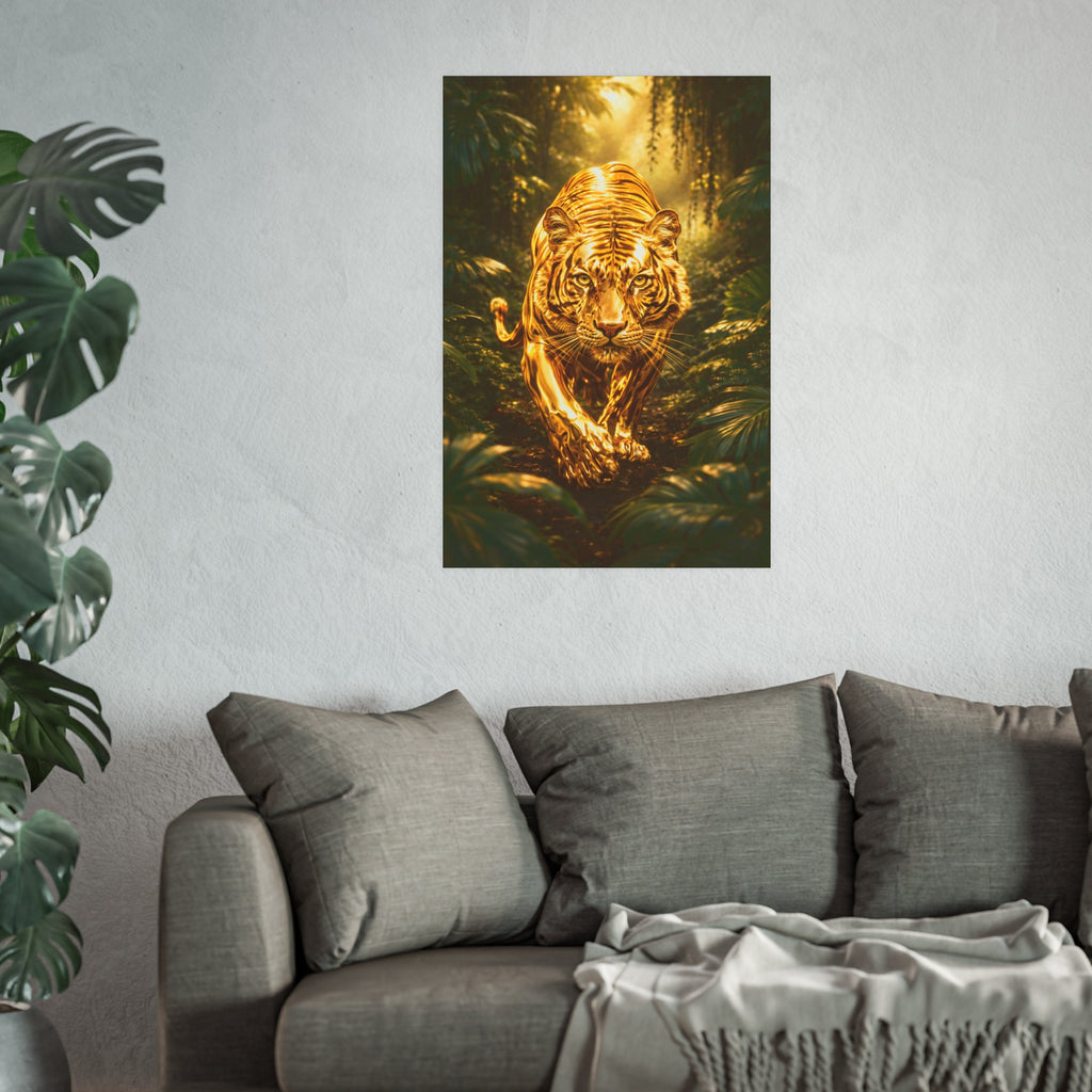 Golden Jungle Tiger Wall Art – Polished Gold Tiger Poster Luxury Wildlife Decor