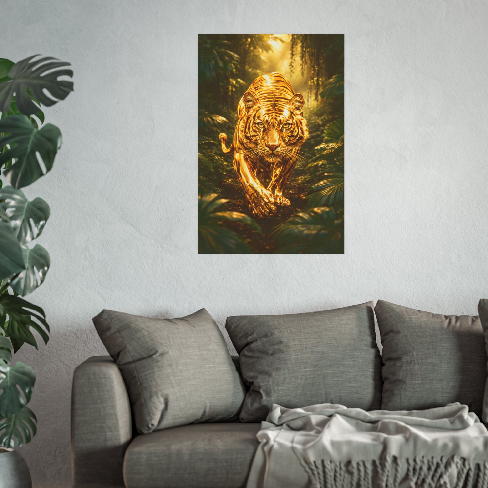 Golden Jungle Tiger Wall Art – Polished Gold Tiger Poster Luxury Wildlife Decor