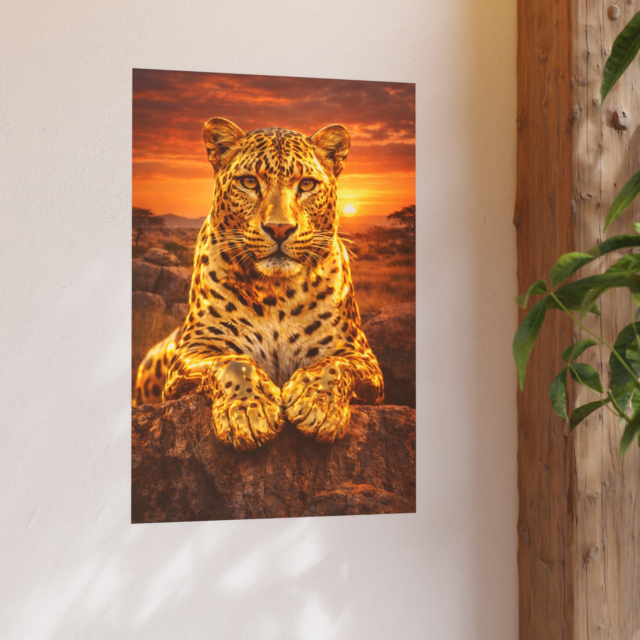 Gold Leopard Statue Wall Art Poster Luxury Safari Animal Decor Realistic Metallic Wildlife Artwork Modern Home Living Room Interior