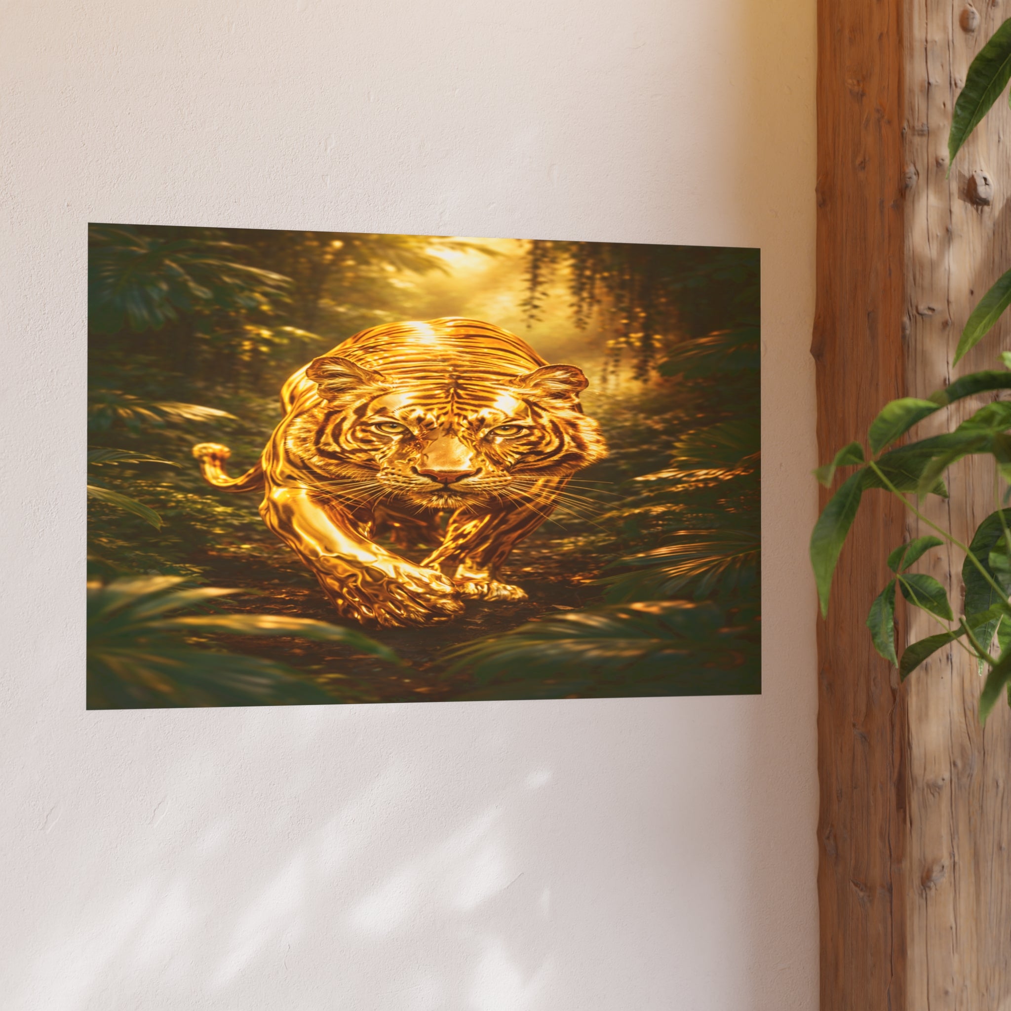 Golden Jungle Tiger Wall Art – Polished Gold Tiger Poster Luxury Wildlife Decor