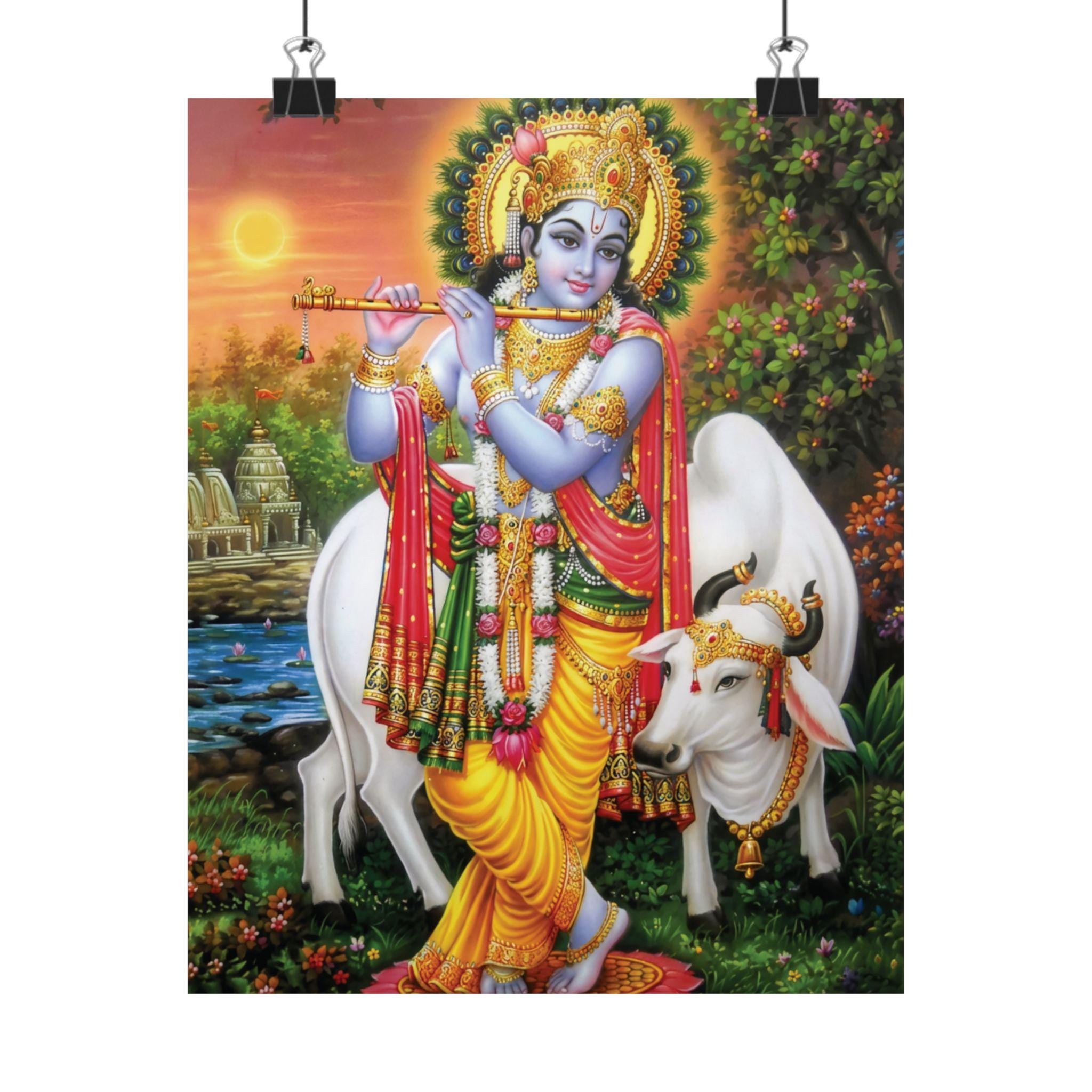 Krishna Playing Flute Matte Vertical Poster | Hindu Devotional Wall Art