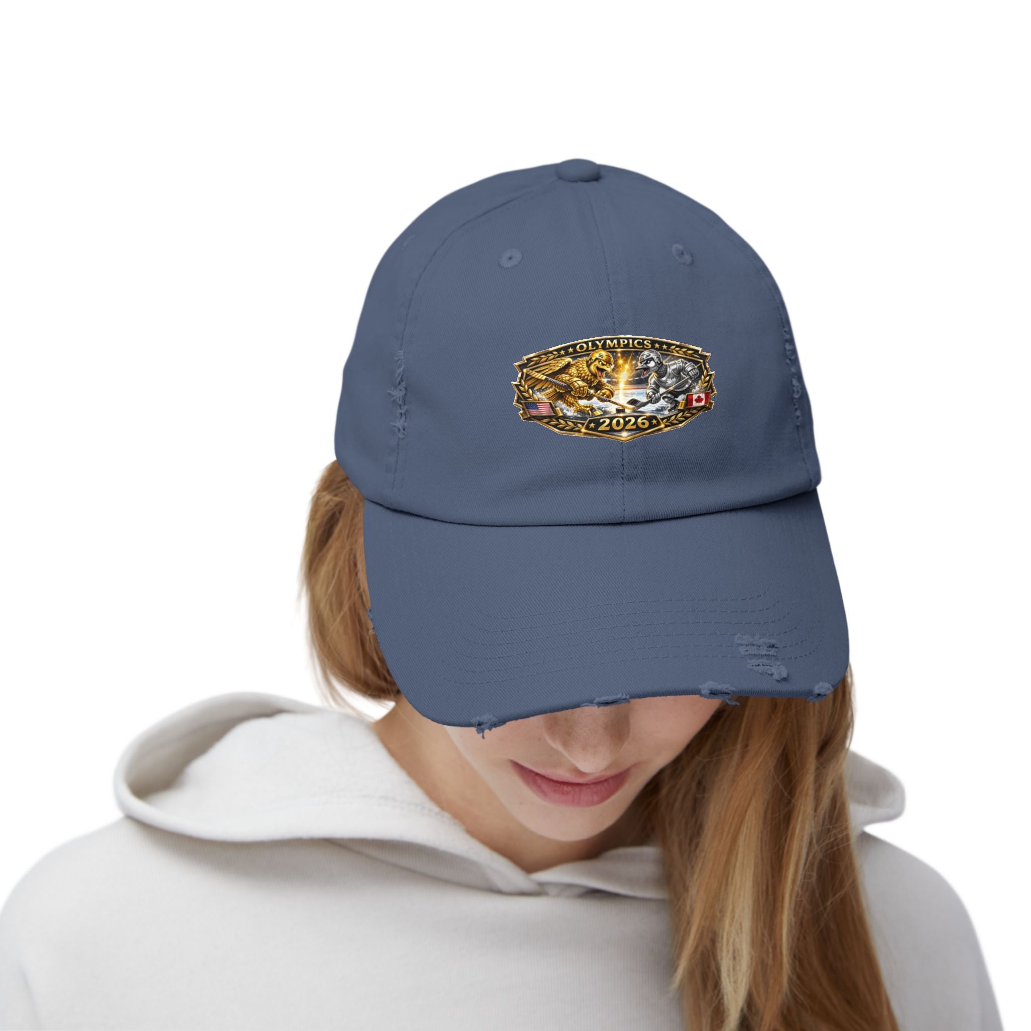 Distressed Baseball Cap — 2026 Olympic Crest Vintage Patch