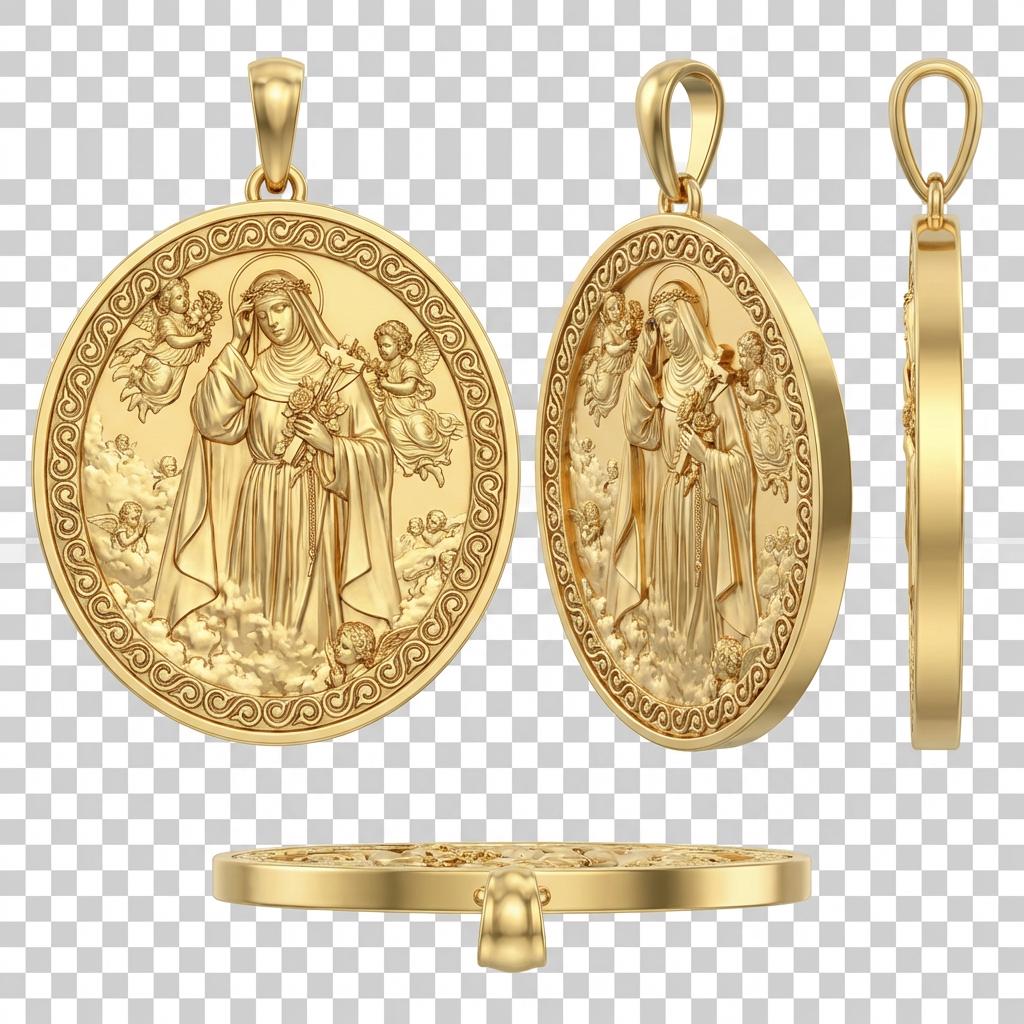Mary in the Clouds Pendant Necklace in gold by MokshaGoldSculptures, Blessed Virgin with angels engraved medallion.  MokshaGoldSculptures