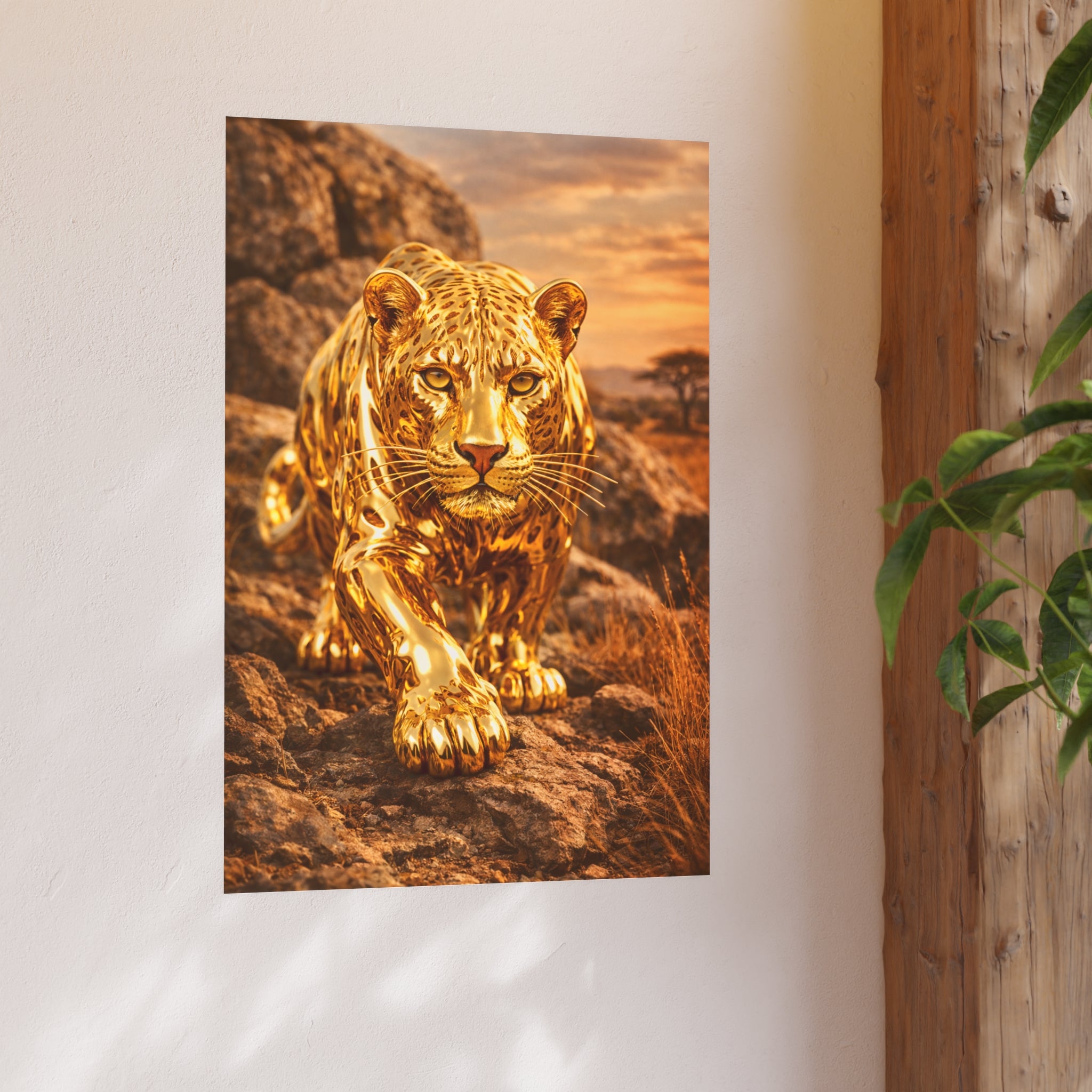 Polished Gold Leopard Statue Wall Art Poster Luxury Safari Animal Decor Realistic Metallic Wildlife Artwork Modern Home Living Room Interior